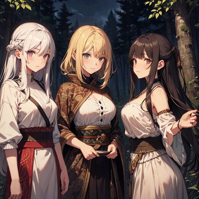 ((woman, bare breasts, brown maxi skirt with a rope like lace, shaved maxi skirt, small breasts, ((very long white hair with shags, red eyes, hopeless face)),((tying a rope on another girl, beating with a rope, a girl torturing another girl)),((standing, 1 arm behind her back)), in a haunted forest at night,