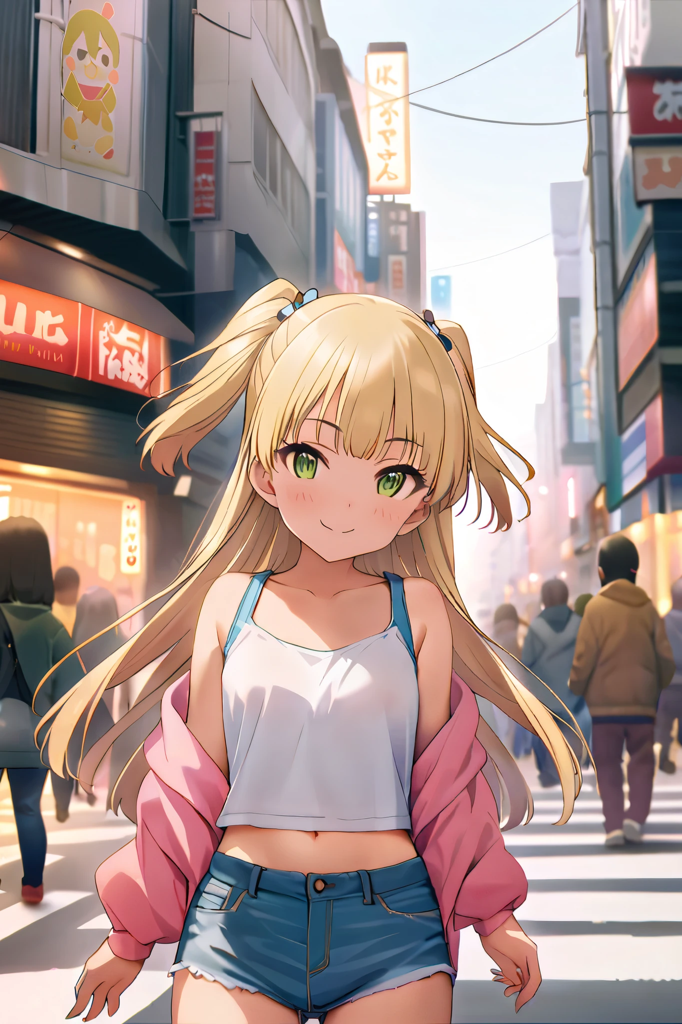NSFW,masterpiece, best quality, high resolution, very detailed,Rika Jogasaki、Petite、 long hair、 blonde hair、 two side up、bangs、 hair ornament、 green eyes、 small breasts, jacket , tank top, Crop Top , denim shorts that show your stomach just a little,Groin, low-rise shorts standing on the streets of Shibuya, Happy Smile , downtown