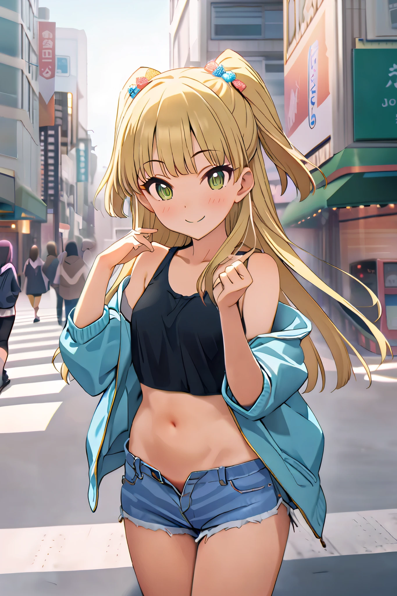 NSFW,masterpiece, best quality, high resolution, very detailed,Rika Jogasaki、Petite、 long hair、 blonde hair、 two side up、bangs、 hair ornament、 green eyes、 small breasts, jacket , tank top, Crop Top , denim shorts that show your stomach just a little,Groin, low-rise shorts standing on the streets of Shibuya, Happy Smile , downtown