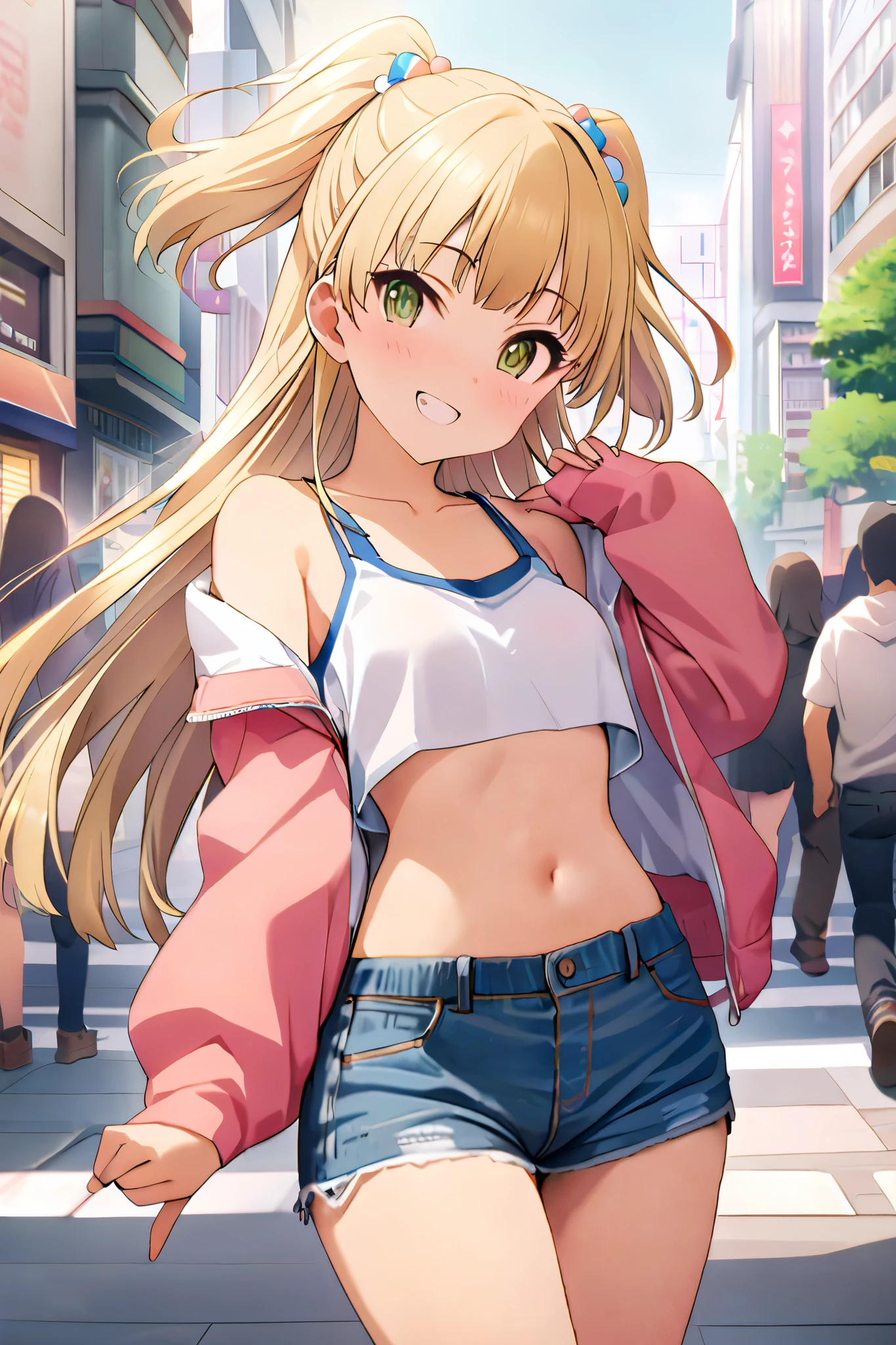 NSFW,masterpiece, best quality, high resolution, very detailed,Rika Jogasaki、Petite、 long hair、 blonde hair、 two side up、bangs、 hair ornament、 green eyes、 small breasts, jacket , tank top, Crop Top , denim shorts that show your stomach just a little,Groin, low-rise shorts standing on the streets of Shibuya, Happy Smile , downtown