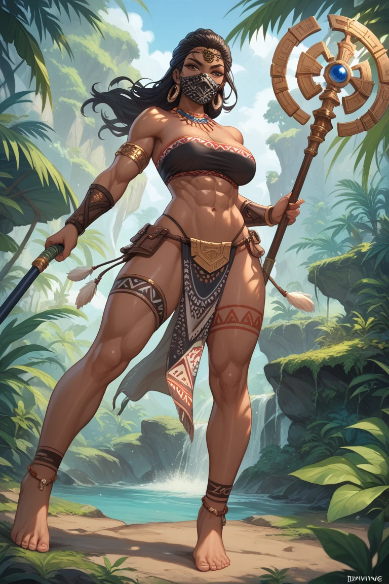 (masterpiece, best quality), outdoors, dark misty burning village, cowboy shot, 1girl, solo, Karlach, demon girl, colored skin, red skin, dark skin, full body, armor, armored pants, holding axe,big breast