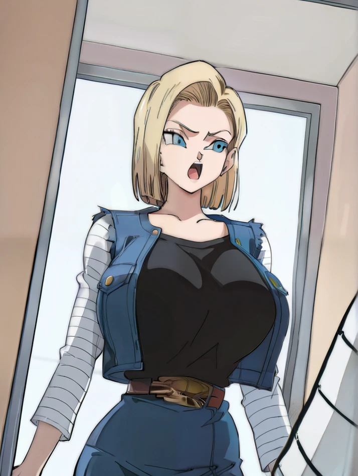 {{{android 18,dragon ball z}}},{{{style: iwao178,urakan}}},{{{cel shading,official art,masterpiece, best quality}}},looking at window,reflective window,surprised,talking,open mouth,pink house,{{{sidelighting,upper body,{{{dutch angle}}},back,belt,faceless}}}, {{{mature woman,1girl,solo,huge breasts,narrow waist}}},{{black shirt,white sleeves,striped sleeves,blue jacket,collared jacket,blue skirt}},leaning forward,
