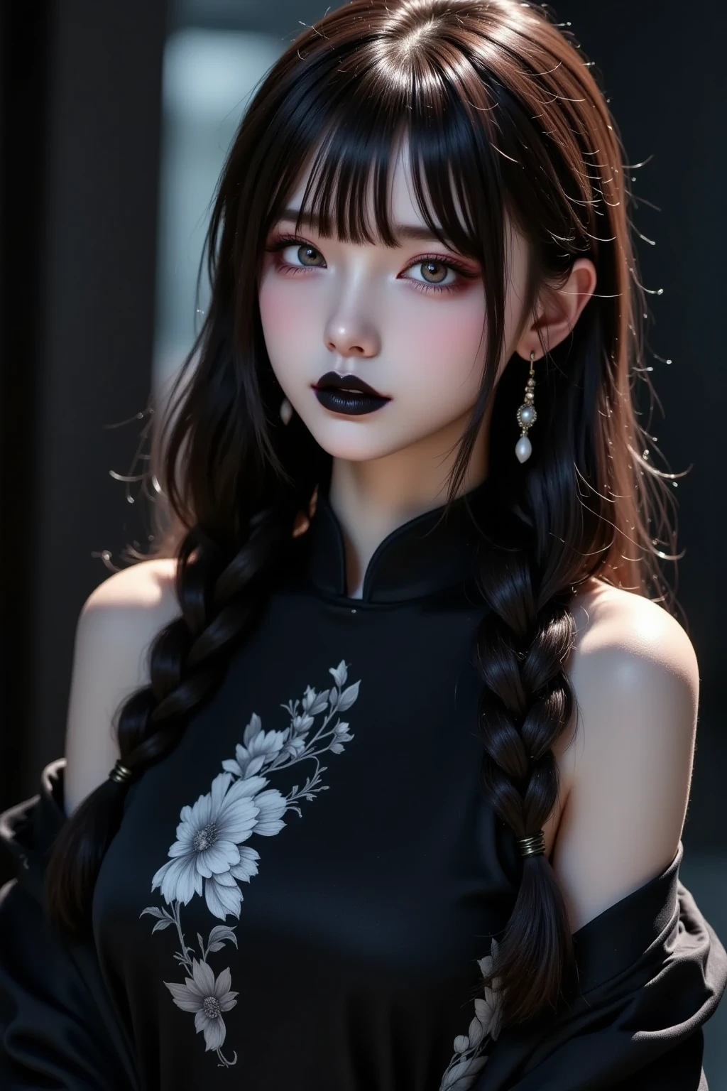 2girls、best quality、ultra-detailed、4k、Japanese、Seductive beauty、seductive adult woman、Pretty Woman、cool girl、Villainess、Brainwashed、brainwash、Fallen into evil、smirk、Evil look、Wicked Smile、evil、Brown hair、wavy hair、swept bangs、dark makeup、dark makeup、piercing eyes、hollow eyes,half-closed eyes、Hollow Eyes、Purple Eyeshadow、black lipstick、black lipglos、Long Black Cheongsam、Wide sleeves、night、Eerie Citadel、makeup brush、Make up、Are standing、