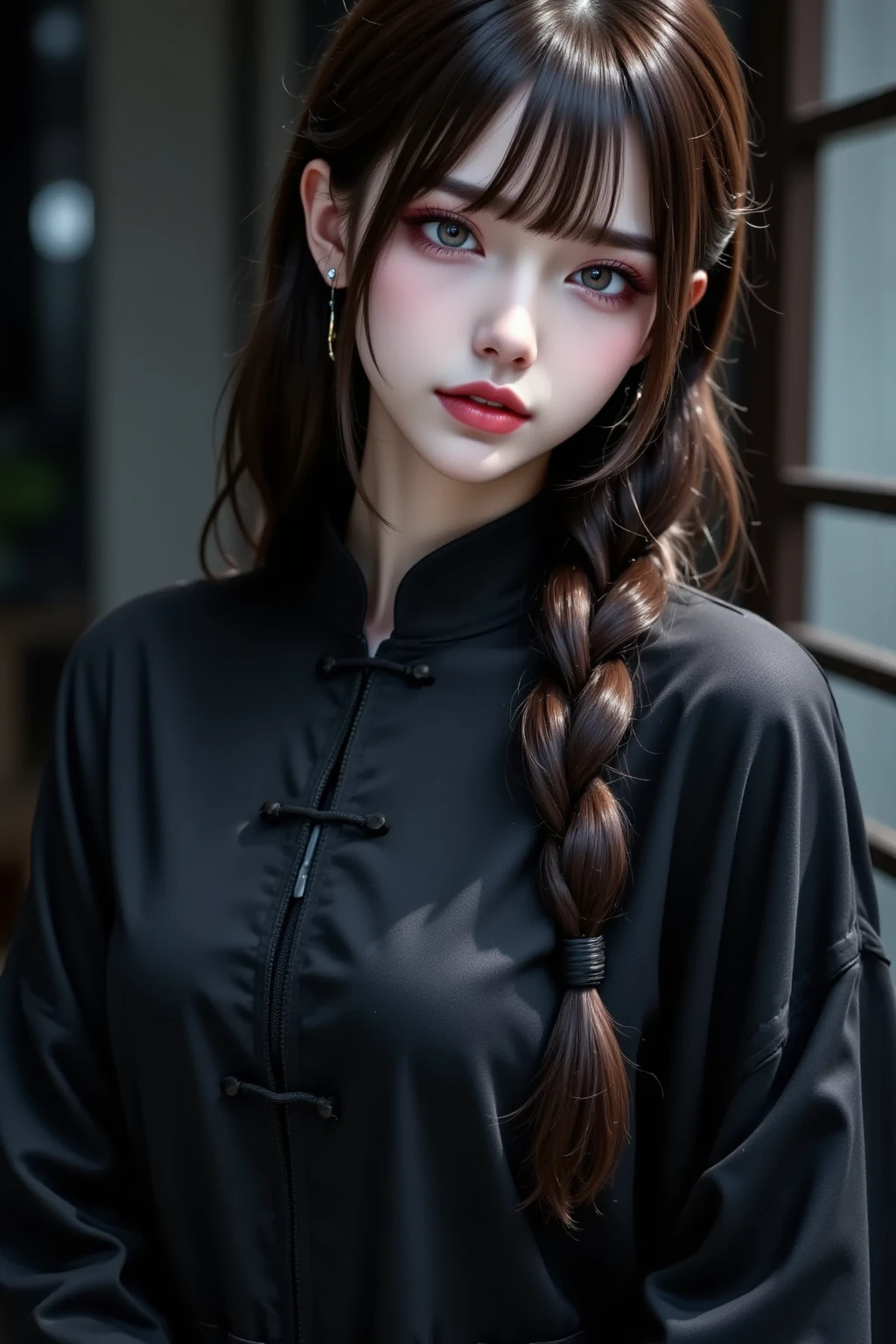 2girls、best quality、ultra-detailed、4k、Japanese、Seductive beauty、seductive adult woman、Pretty Woman、cool girl、Villainess、Brainwashed、brainwash、Fallen into evil、smirk、Evil look、Wicked Smile、evil、Brown hair、wavy hair、swept bangs、dark makeup、dark makeup、piercing eyes、hollow eyes,half-closed eyes、Hollow Eyes、Purple Eyeshadow、black lipstick、black lipglos、Long Black Cheongsam、Wide sleeves、night、Eerie Citadel、makeup brush、Make up、Are standing、