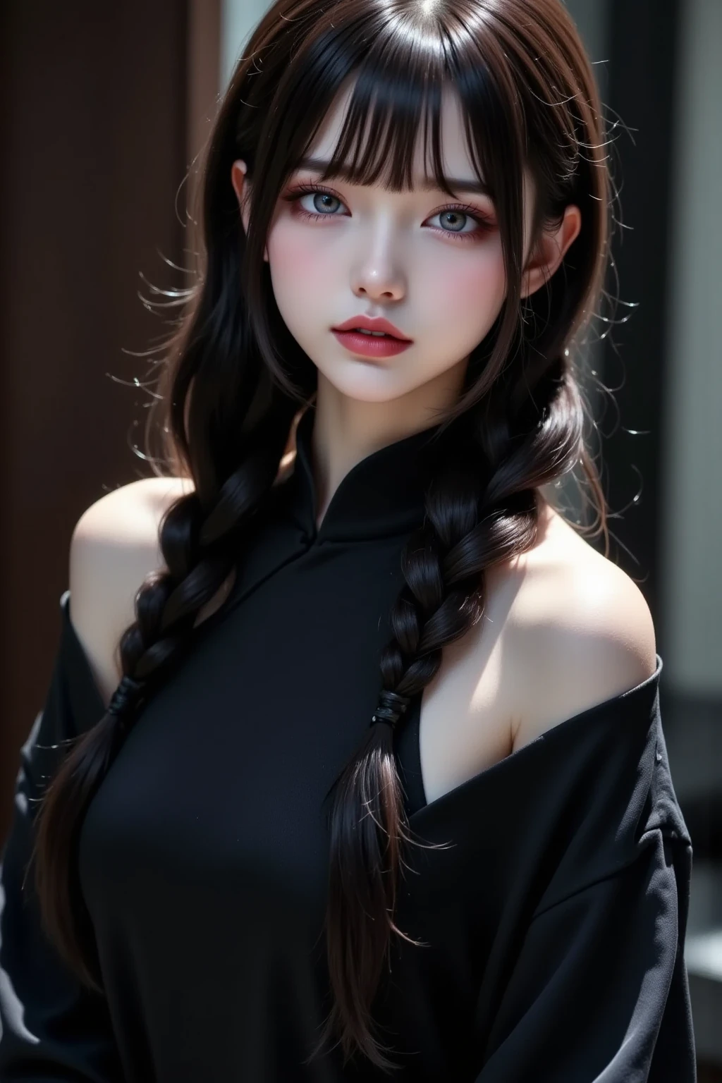 2girls、best quality、ultra-detailed、4k、Japanese、Seductive beauty、seductive adult woman、Pretty Woman、cool girl、Villainess、Brainwashed、brainwash、Fallen into evil、smirk、Evil look、Wicked Smile、evil、Brown hair、wavy hair、swept bangs、dark makeup、dark makeup、piercing eyes、hollow eyes,half-closed eyes、Hollow Eyes、Purple Eyeshadow、black lipstick、black lipglos、Long Black Cheongsam、Wide sleeves、night、Eerie Citadel、makeup brush、Make up、Are standing、