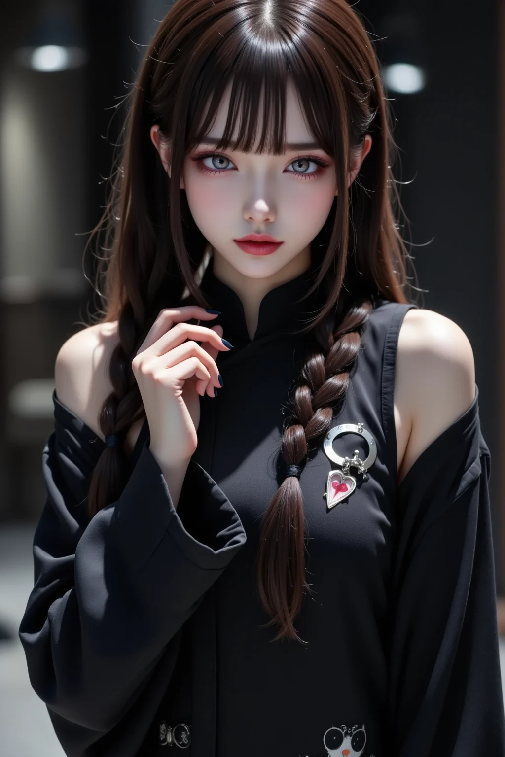 2girls、best quality、ultra-detailed、4k、Japanese、Seductive beauty、seductive adult woman、Pretty Woman、cool girl、Villainess、Brainwashed、brainwash、Fallen into evil、smirk、Evil look、Wicked Smile、evil、Brown hair、wavy hair、swept bangs、dark makeup、dark makeup、piercing eyes、hollow eyes,half-closed eyes、Hollow Eyes、Purple Eyeshadow、black lipstick、black lipglos、Long Black Cheongsam、Wide sleeves、night、Eerie Citadel、makeup brush、Make up、Are standing、