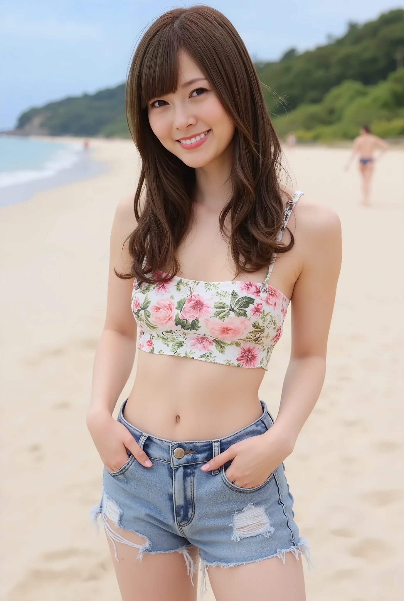Top quality, 8K, masterpiece, super high resolution, (photorealistic:1.4), original photo, 1 girl, dark brown hair, shiny chestnut hair, long hair, healthy skin, female, 1 girl, slim abs:1.1, dark brown hair, (standing on sandy beach), ((super short floral bikini top, distressed micro denim shorts)), beach, exposed navel, full body, beautiful breasts, nipples, very detailed face, full body visible, full body, highly detailed lips, detailed eyes, double eyelids, slender woman
