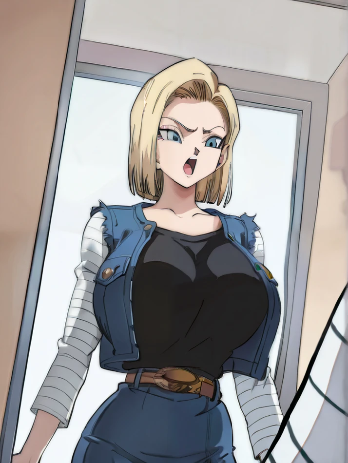 {{{android 18,dragon ball z}}},{{{style: iwao178,urakan}}},{{{cel shading,official art,masterpiece, best quality}}},looking at window,reflective window,surprised,talking,open mouth,pink house,{{{sidelighting,upper body,{{{dutch angle}}},back,belt,faceless}}}, {{{mature woman,1girl,solo,huge breasts,narrow waist}}},{{black shirt,white sleeves,striped sleeves,blue jacket,collared jacket,blue skirt}},leaning forward,