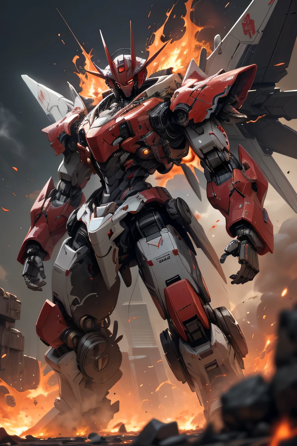 (red eyes: 1.5), (metal red body robot: 1.5), giant airplane wings, Unreal Engine, Cinematic Shots , best quality, masterpiece, is present,,science_ best quality ,サイエンス best quality ,Shining Eyes, Explosive sparks , ( lens flare:0.3), Volume Fog , ((マグマの中に立っている)), Male, full face helmet, shot from the front , Nijimecha, (( standing in magma flames are rising from behind))