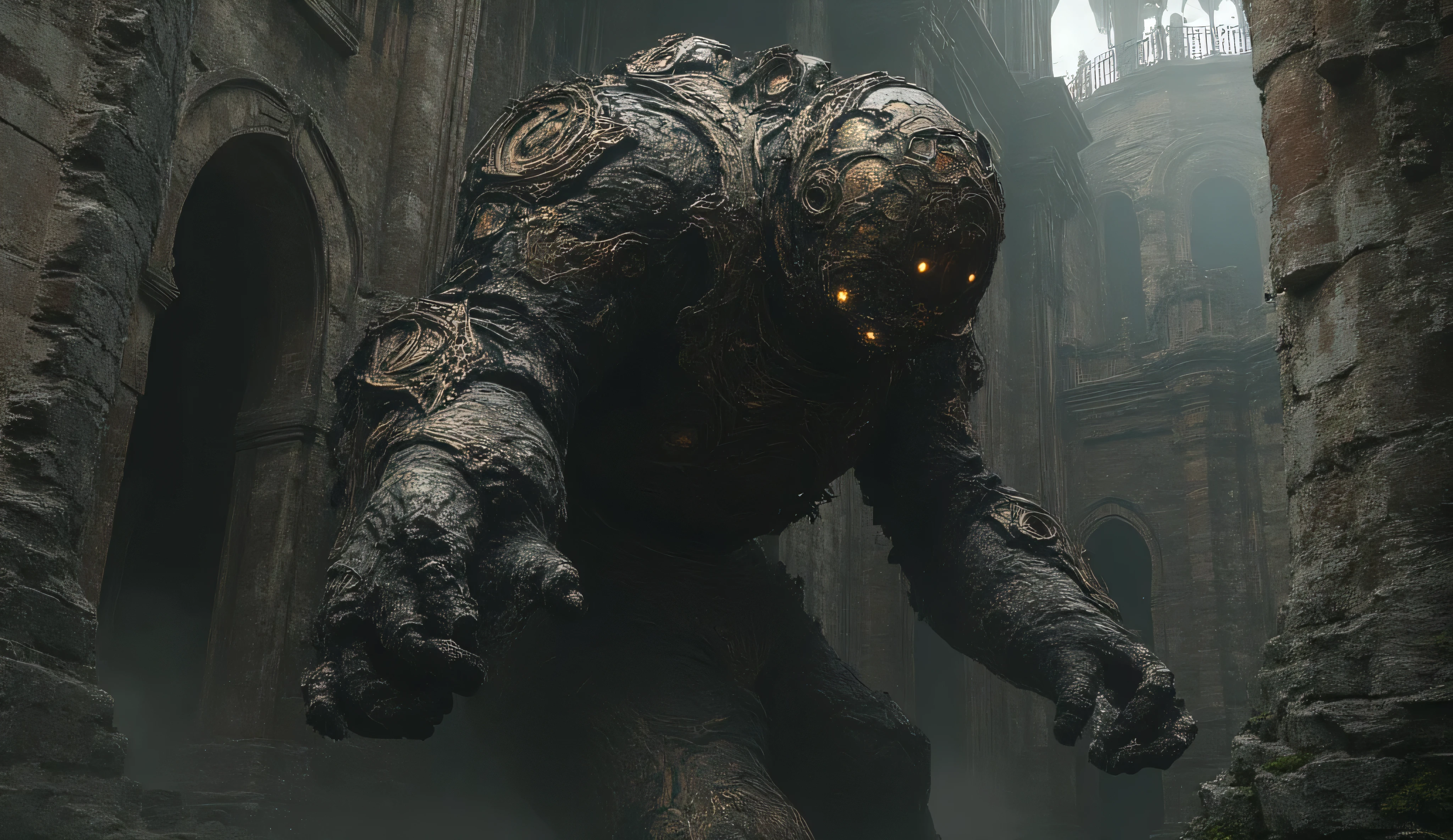 a huge stone golem with bronze elements. His eyes are glowing yellow. Two big stone hands. It grows out of the wall of a building in the style of Jules Verne. dark lighting.