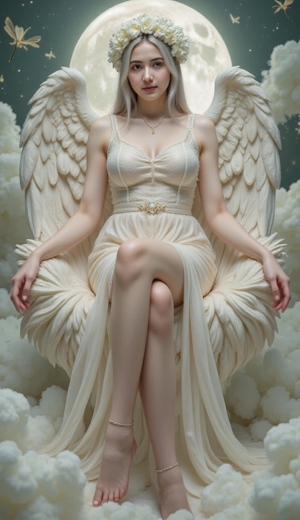 Ultra-realistic 8K CG, perfect face, perfect, clean, masterpiece, professional artwork, famous artwork, perfect face, beautiful face, beautiful eyes, black cleric suit, lace, open brests, beautiful black clothes, angel wings, delicate pattern, sexy pose, sitting, Fascinating, galactic space background, big moon in the back, flapping wings