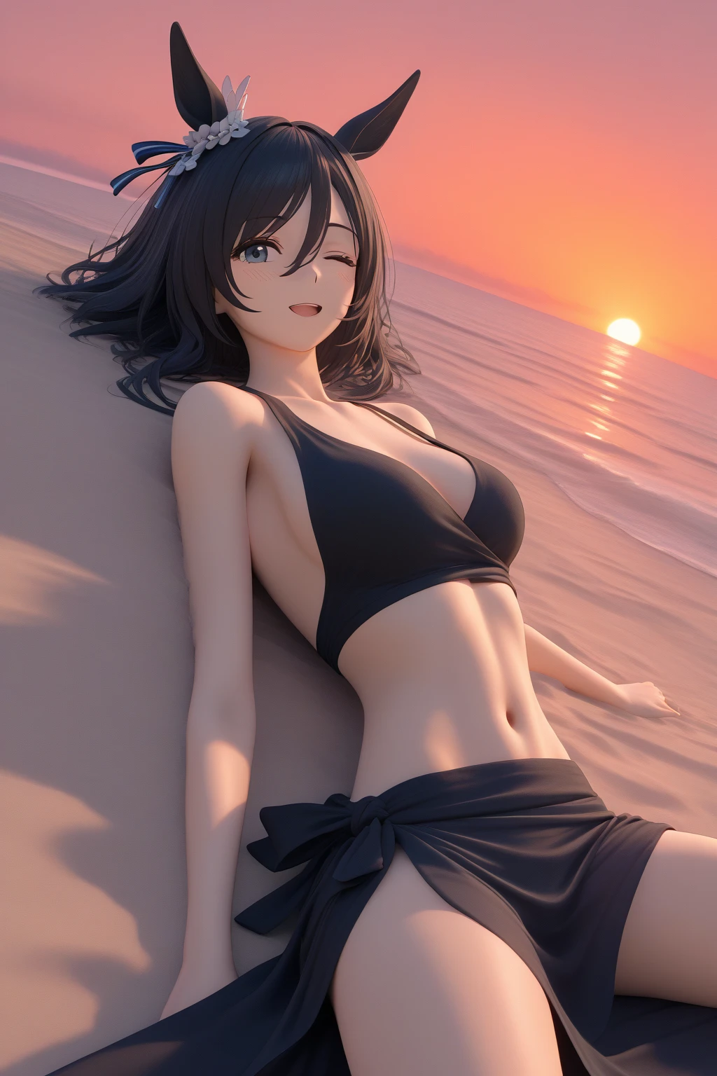 1_girl, solo, 25-years-old korean girl. slender and medium breast. brown eyes. short black hair and bangs in the front. Wearing black bikini, walking on the beach, dusk beach background kneeling, leaning toward the camera, smiling