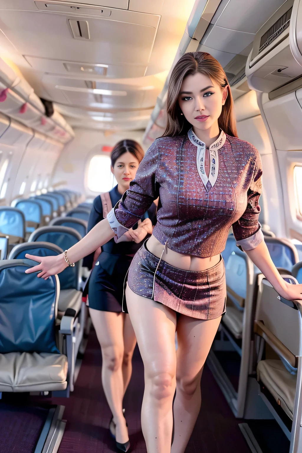 1beautiful womanl, 28years、hyperdetailed face、Detailed lips、A detailed eye、double eyelid、(Smiling while walking gracefully down the aisle)、(Stewardess uniform:1.2)、((mini skirt:1.5)) (Glamorous body)、(Colossal tits)、(large full breasts)(big butts)(Plump body)(plump body shape)( large full breasts)(Colossal tits)((J-Cup))、highs thighs thighs thighs, Perfect fit, Perfect image realism, Background with: (Business Class aisle on airplanes:1.2), Cowboy Shot, Meticulous background, detailed costume, Perfect litthing、Hyper-Realism、(Photorealsitic:1.4)、8K maximum resolution, (masterpiece), ighly detailed, Professional