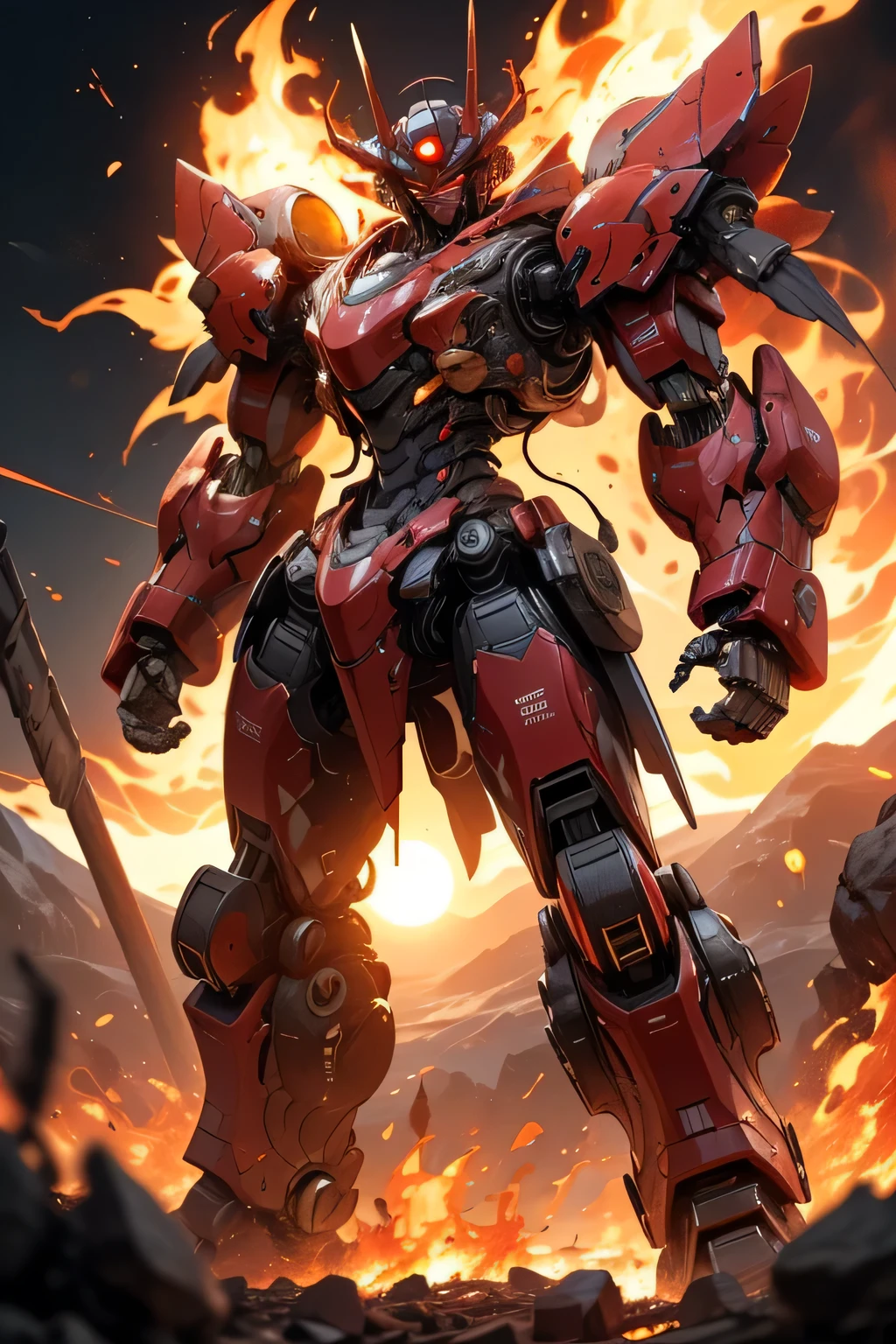 (red eye: 1.5), (metal red body robot: 1.5), Unreal Engine, Cinematic Shots , best quality, masterpiece, is present,,science_ best quality ,サイエンス best quality ,Shining Eyes, Explosive sparks , ( lens flare:0.3), Volume Fog , ((Standing in the midst of a big fire)), Male, full face helmet, Nijimecha, (( standing in magma flames are rising from behind)), ((Is making intense movements)), (Big sun behind)