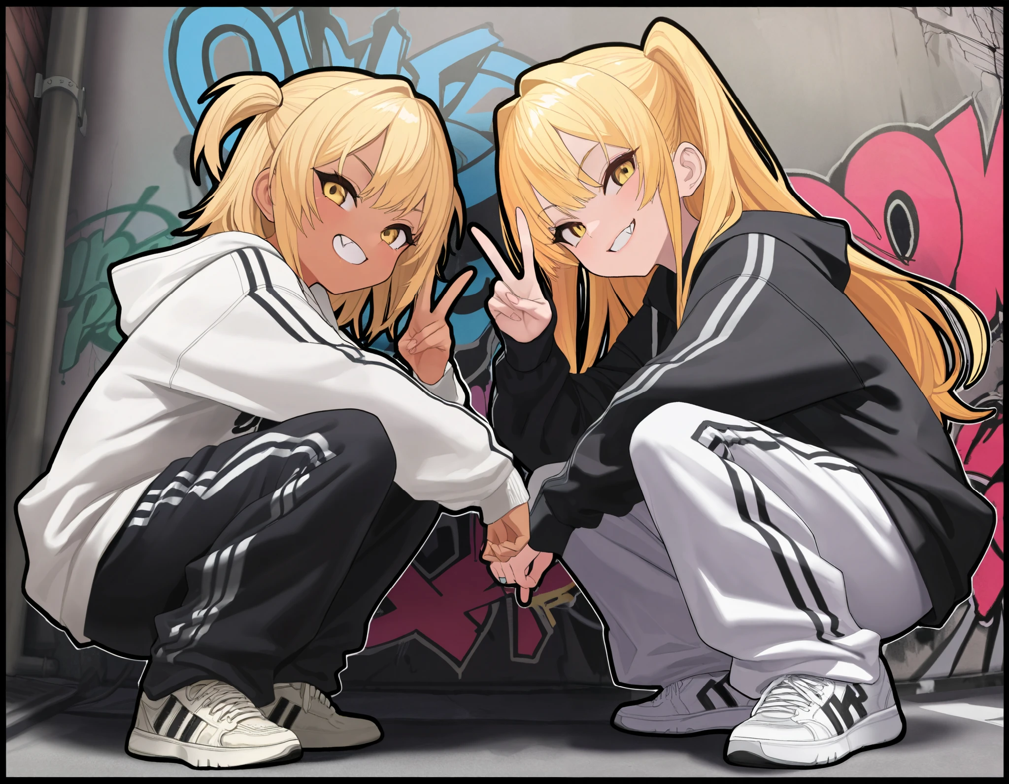 (best quality, highest quality:1.2), masterpiece, top quality, ultra high definition, rich contrasts, HD,8k, High Definition CG Unit Wallpaper, texture , Unbelievably Absurd, ultra high definition, RAW photos ,Deep border 1 .2, very detailed, back alley, graffiti wall, stylish pose, ceiling, from side:1.2, squatting, sneakers focus,
((thick outline)), thick outline, black outline, bimbo, cute, streetwear, oversized Lower pants, street style, sneakers, single V,
glamorous, grin, fang, yellow eyes, two side up blonde hair, tan, pop,