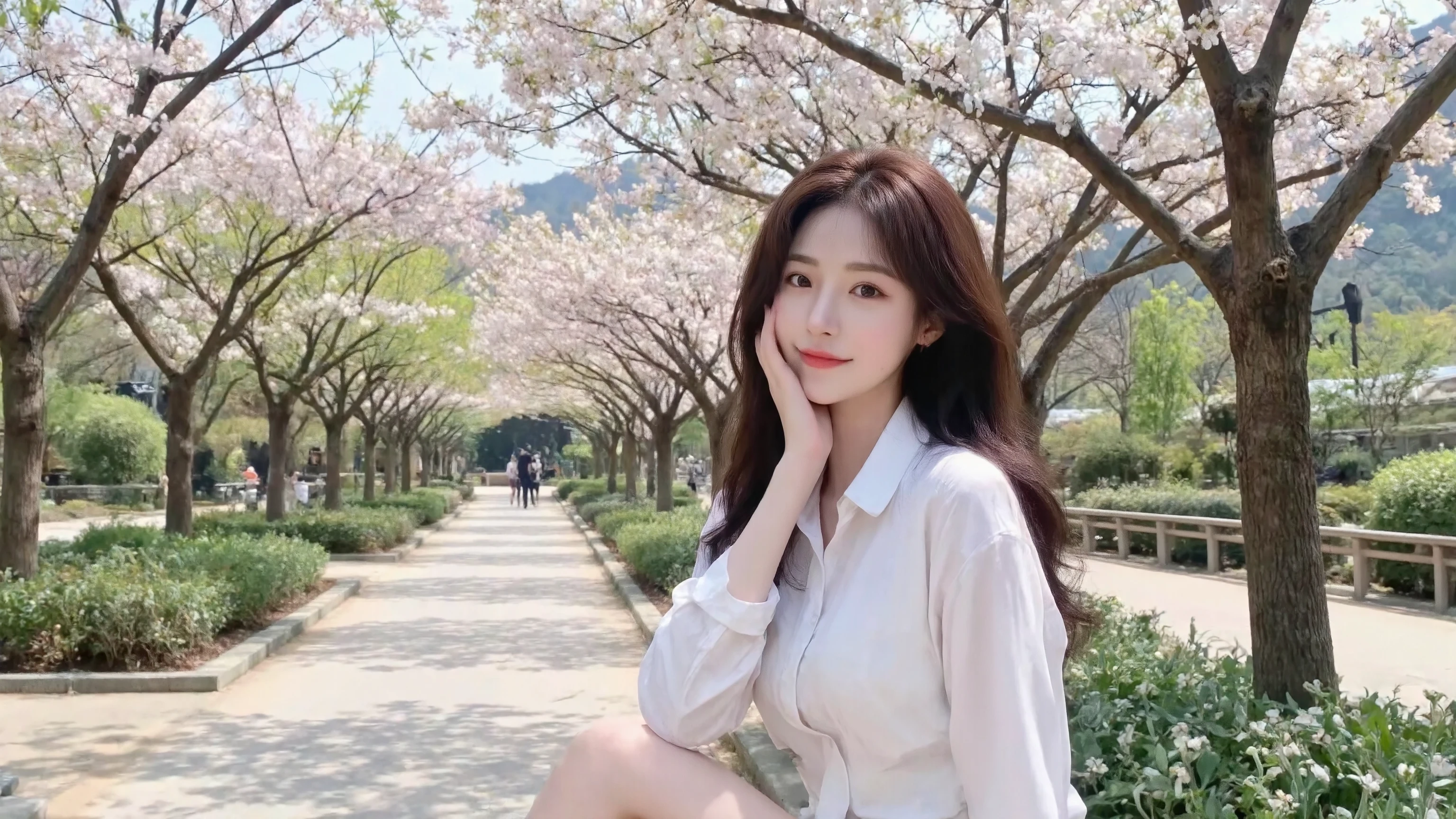 A handsome Korean girl poses while smiling brightly at Korea Park and looks at the camera