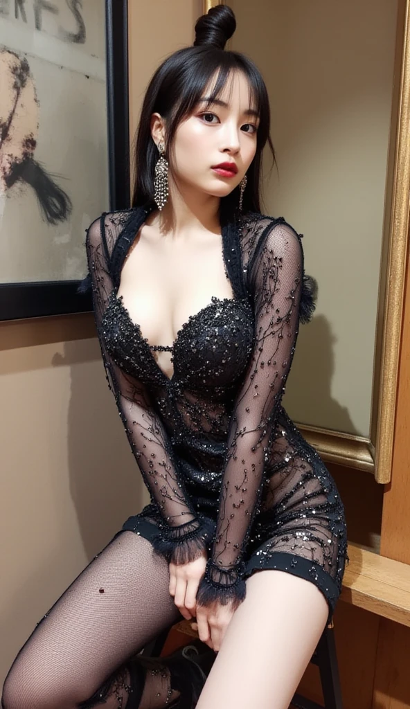 1girl, Milf, 33 years old, (short hair:0.3) | (black:1.3),
A sexy woman wearing (green silk dress | silky | simple | brand | lace | See-through),
her standing open legs , wearing (silky pantyhose | shiny | Without stripes seams and lace), elegant posture, showing seduction and ambiguity to the audience (smile: 0.3),
She has a mature woman's face, charming and seductive, (Shimmering eyeshadow:1.3), (makeup: 1.3), (red lips:1.2),
(C-cup breasts showing cleavage:0.6), Detailed belly button, (Big Butt, Thick Legs:0.5),
Fan Bingbing, jewelry,
(At dusk, crepuscular rays:1.5), (floor-to-ceiling windows:1.3) look out onto towering snow-capped mountains,
RAW photo, Film Photography, 4k, best quality, High Detail, Super Detail, Masterpiece,  (from below:  0.25),