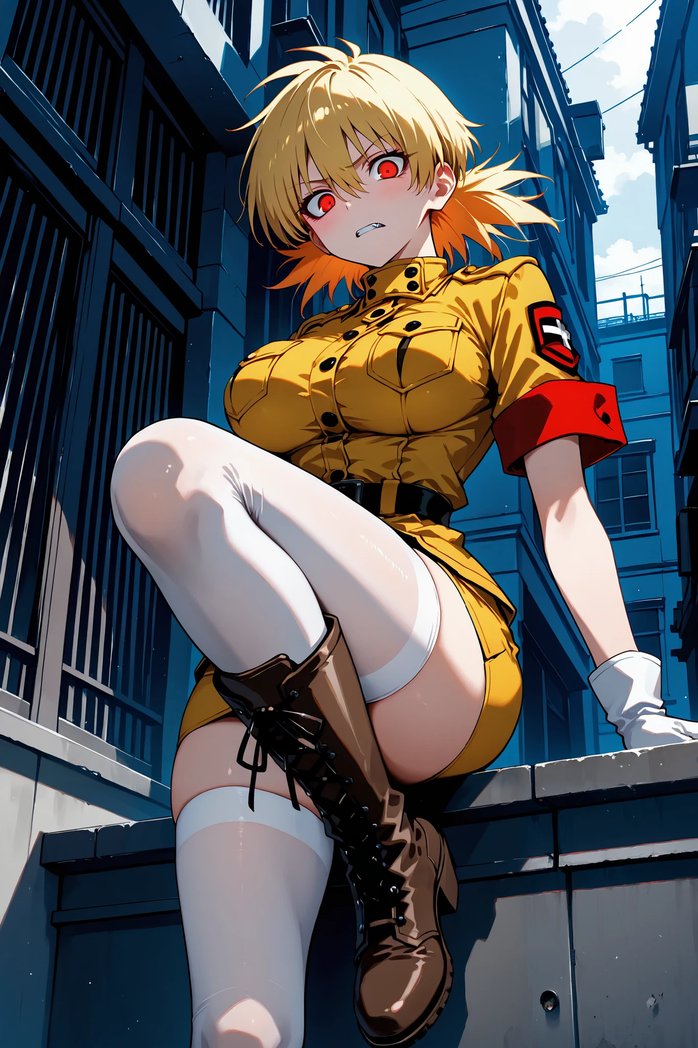 masterpiece, best quality, 8k, high resolution, amazing quality, 1girl, Seras victoria Hellsing, short blonde hair, red eyes, rage, vampire, tight yellow uniform, long white stockings, thigh-high brown boots, ultra-detailed, intricate details