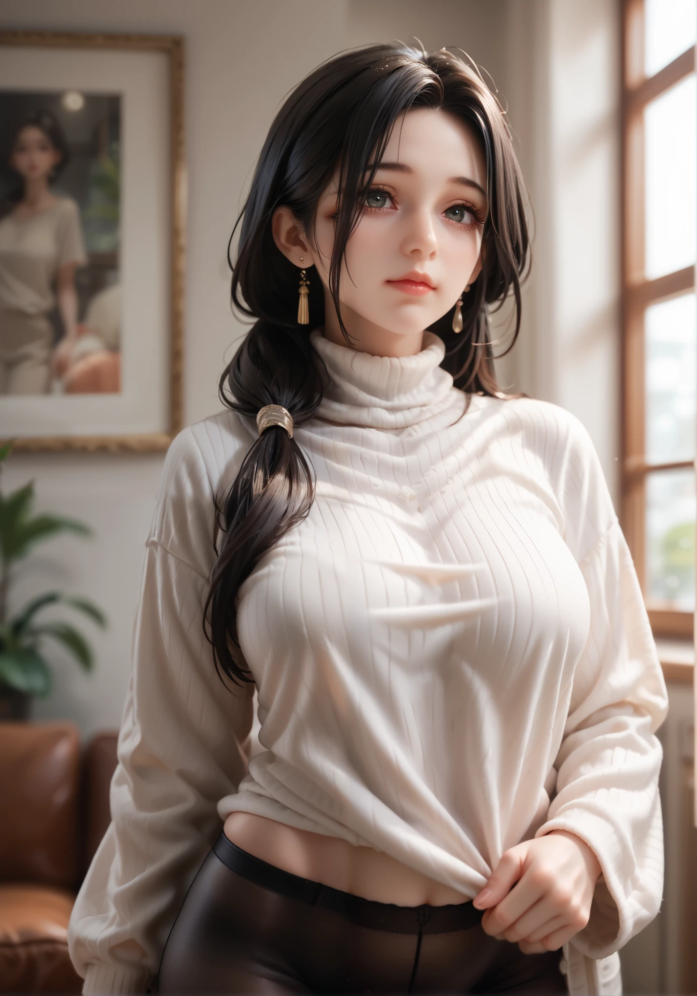 Young girl, realistic, revealing clothes, transparent top, no bra.