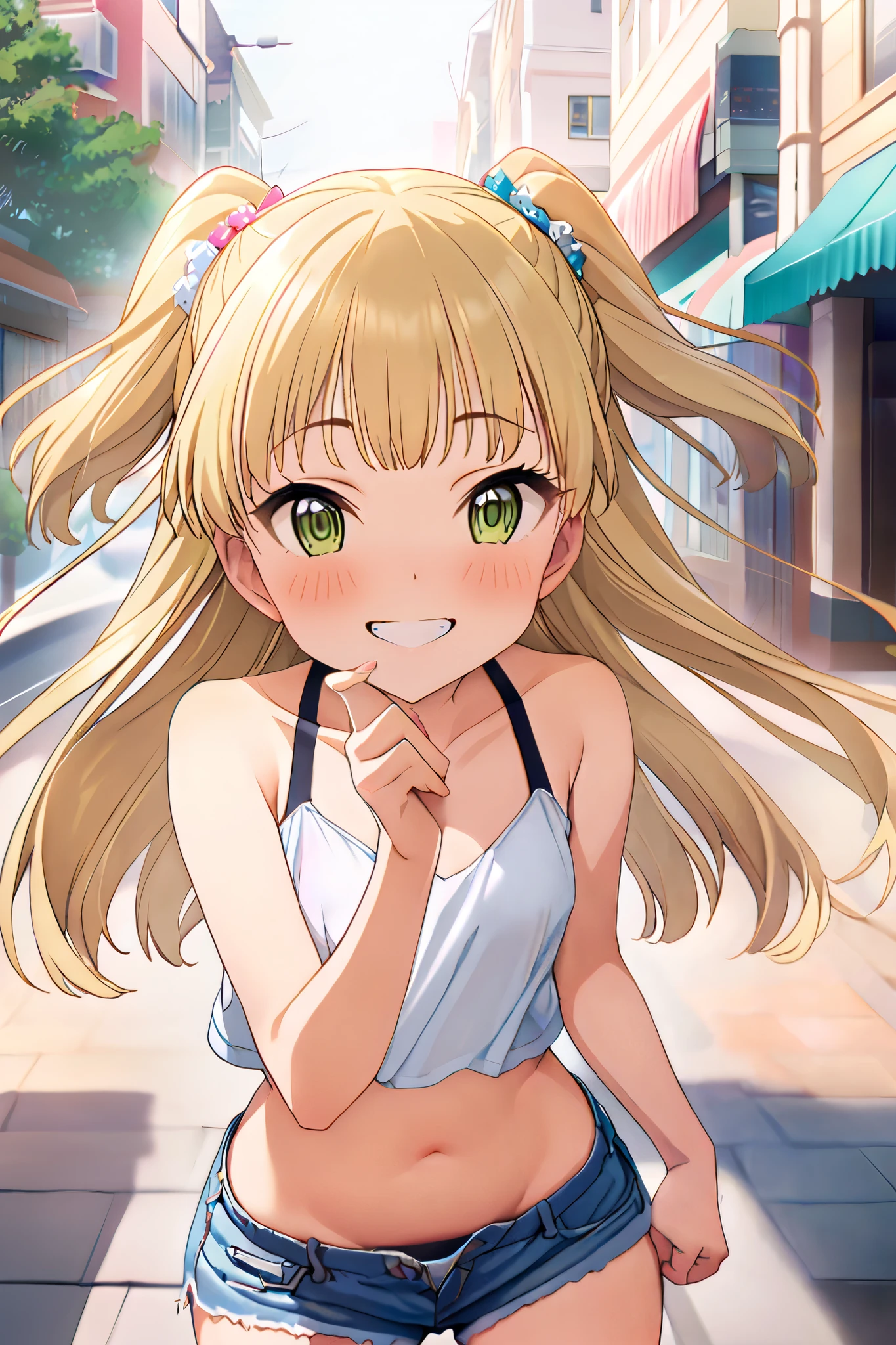 NSFW,masterpiece, best quality, high resolution, very detailed,Rika Jogasaki、Petite、 long hair、 blonde hair、 two side up、bangs、 hair ornament、 green eyes、 small breasts, jacket , tank top, Crop Top , denim shorts that show your stomach just a little,Groin, Happy Smile ,blush, downtown