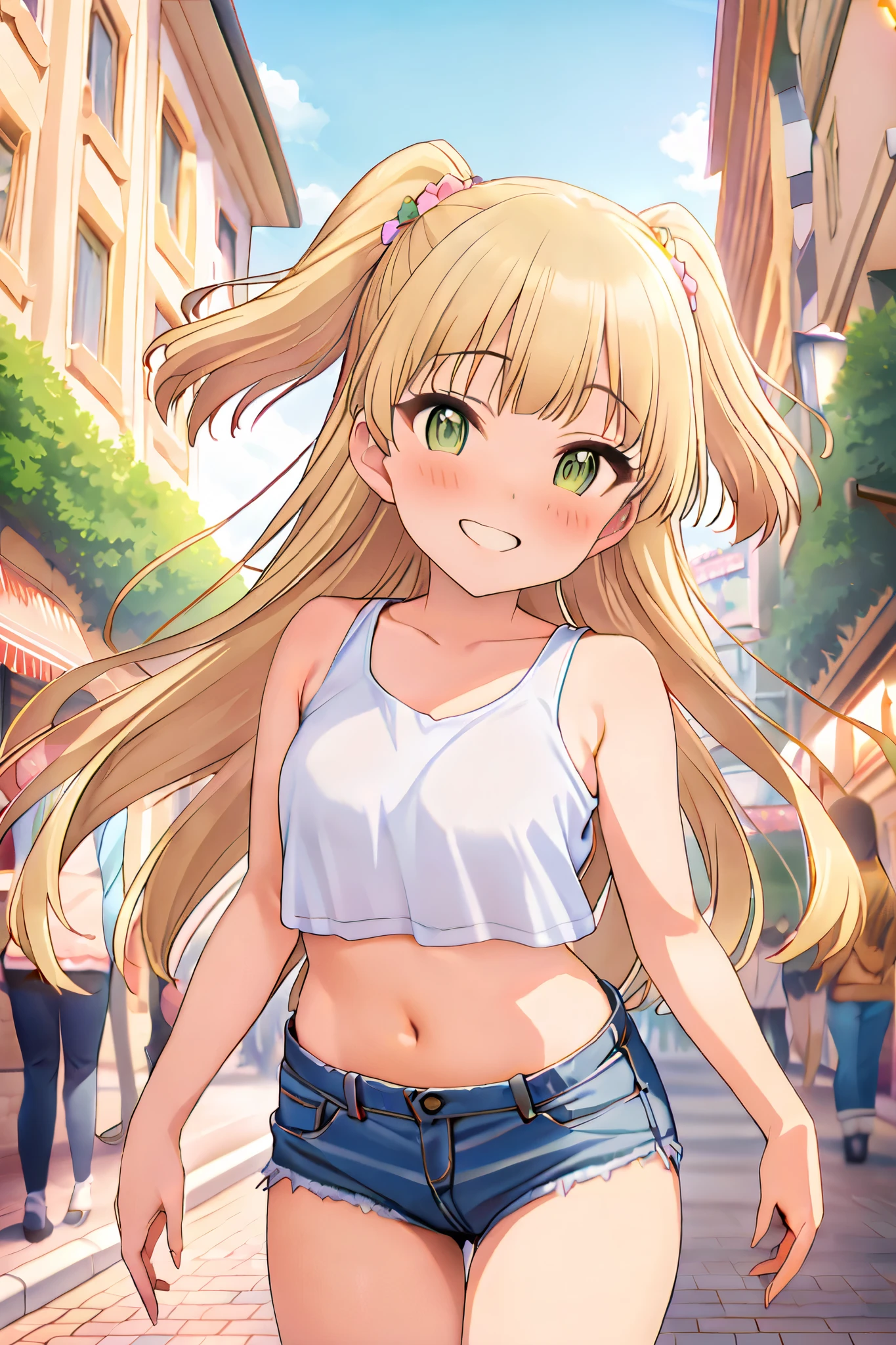 NSFW,masterpiece, best quality, high resolution, very detailed,Rika Jogasaki、Petite、 long hair、 blonde hair、 two side up、bangs、 hair ornament、 green eyes、 small breasts, jacket , tank top, Crop Top , denim shorts that show your stomach just a little,Groin, Happy Smile ,blush, downtown