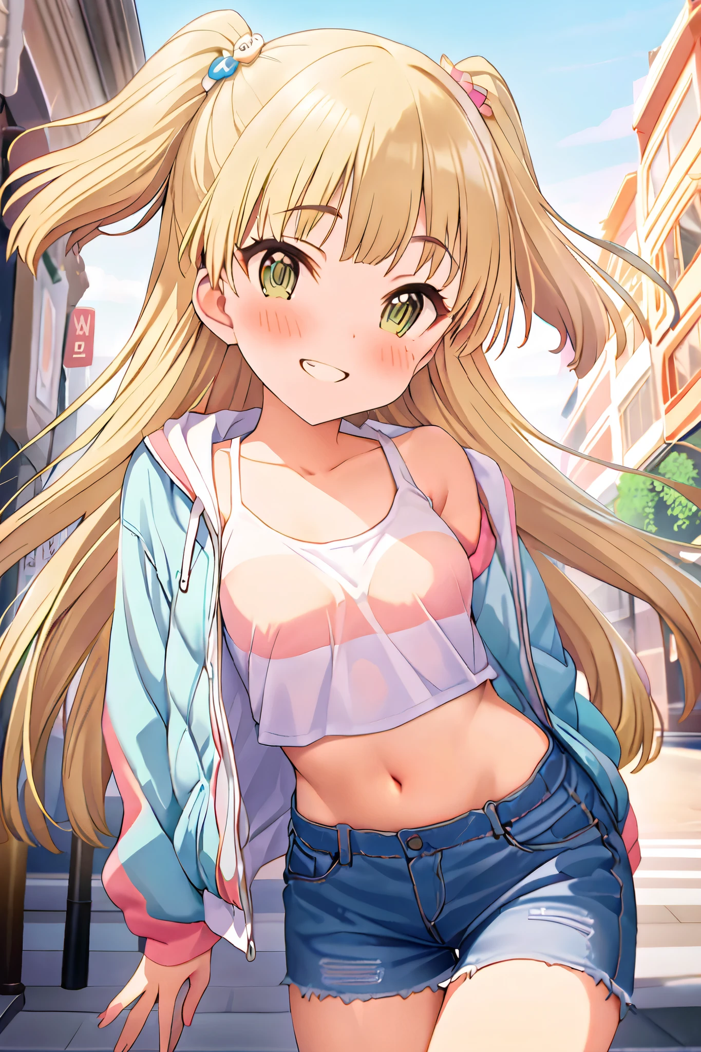 NSFW,masterpiece, best quality, high resolution, very detailed,Rika Jogasaki、Petite、 long hair、 blonde hair、 two side up、bangs、 hair ornament、 green eyes、 small breasts, jacket , tank top, Crop Top , denim shorts that show your stomach just a little,Groin, Happy Smile ,blush, downtown