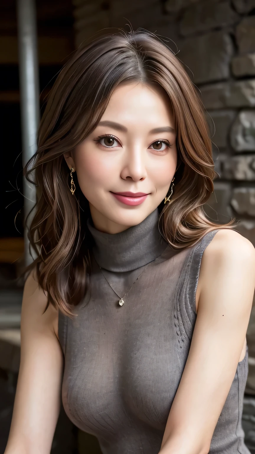 very detailed, Masterpiece , best quality , (( photorealistic:1.4)), (( perfect slender body :1.4))、Super Thin 30 Year Old Japanese Milf , detailed face , beautiful eyes in every detail 、(( natural makeup)) 、((See through underwear )), ( slim, toned and beautiful body:1.3)、(( light brown hair 、 disheveled wavy long hair:1.1、)), graceful and sophisticated 、goddess、(( waist to head ))、(( turtleneck、 gray light knit sweater 、 sleeveless))、((Inside a dark basement :1.3))、(( and stare at the camera、 fresh smile))、(( professional cool lighting ))、 necklace、 earrings、 standing、Side view