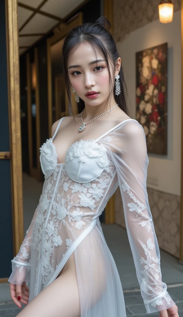 a close up of a woman with a sword in a white and pale pink seethrough silk dress, a character portrait by Yang J, trending on cgsociety, fantasy art, beautiful character painting, artwork in the style of Guweiz, Guweiz,yukata wear, flowing white robes, full body wuxia, epic exquisite character art, stunning character art, beautiful female assassin,Young super beautiful girl,Shoulders exposed skin,The belly button and the surrounding area are exposed,Flat boobs,Small breasts,Beautiful girl with slender body,Small waist,(see through cotton dress),(see through lace dress),