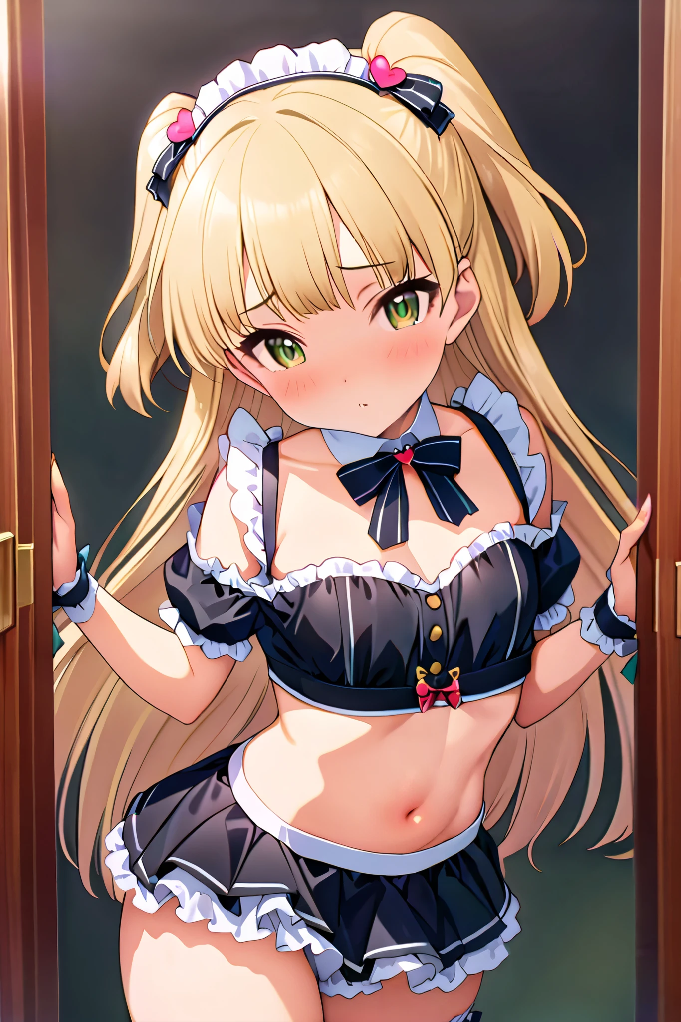 NSFW,masterpiece, best quality, high resolution, very detailed,Rika Jogasaki、Petite、 long hair、 blonde hair、 two side up、bangs、 hair ornament、 green eyes、 small , maid clothes, Crop Top , off shoulder, micro mini skirt