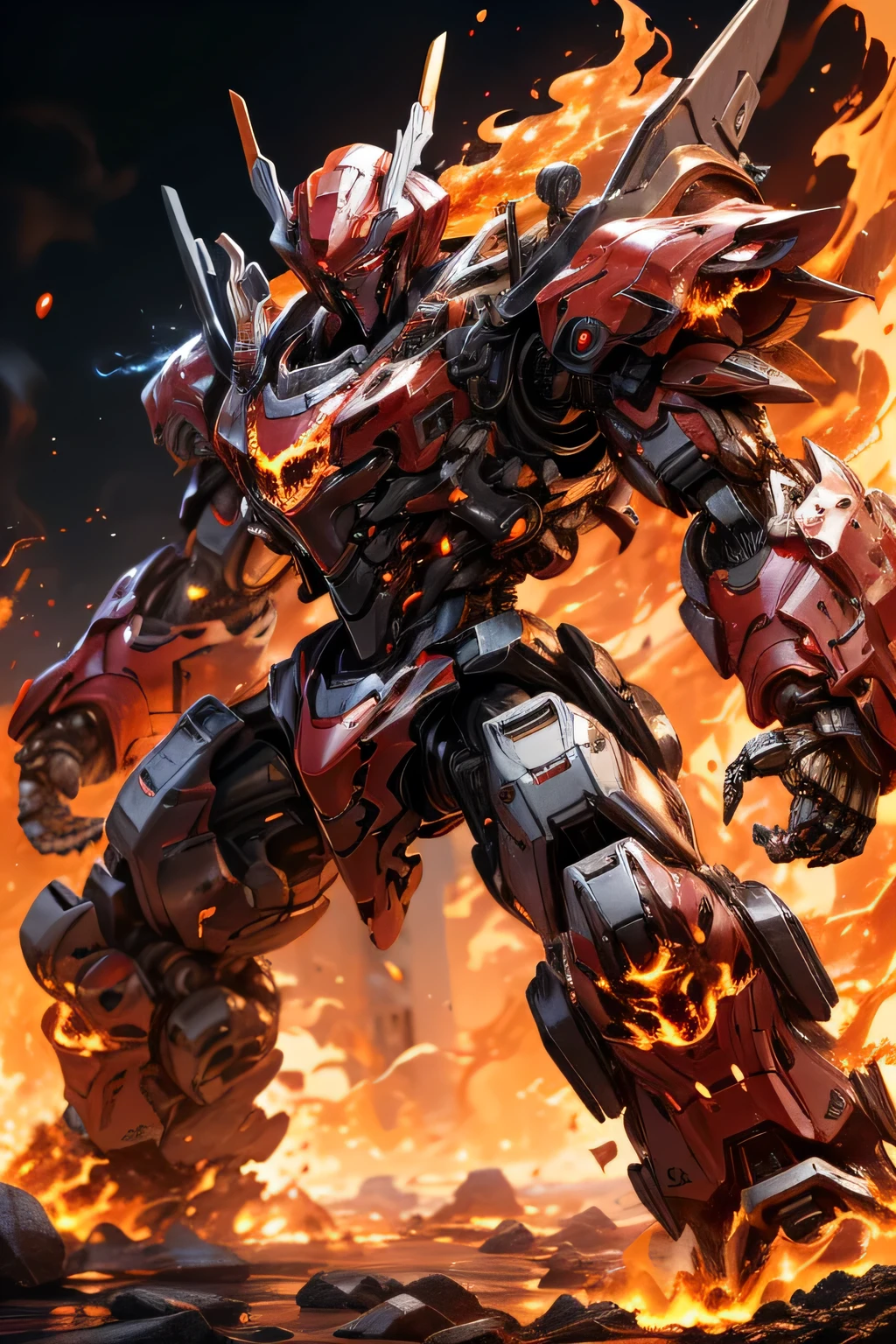 (red eye: 1.5), (metal red body robot: 1.5), Unreal Engine, Cinematic Shots , best quality, masterpiece, is present,,science_ best quality ,サイエンス best quality ,Shining Eyes, Explosive sparks , ( lens flare:0.3), Volume Fog , (Standing in the midst of a big fire), Male, full face helmet, Nijimecha, ( standing in a lava flow flames are rising from behind), ((Is making intense movements: 1.5)), (blue sky: 1.0), animalbot, A robot with a muscular body