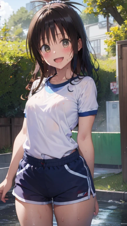 1 female,black hair,(()),(((white and blue sports bra and shorts)))(((blush、open mouth smile)),(((Yuki Mikan))),crowd(baby girl body shape)(((small breasts)))sexy pose,((wet with sweat))Outdoor Play Areas
