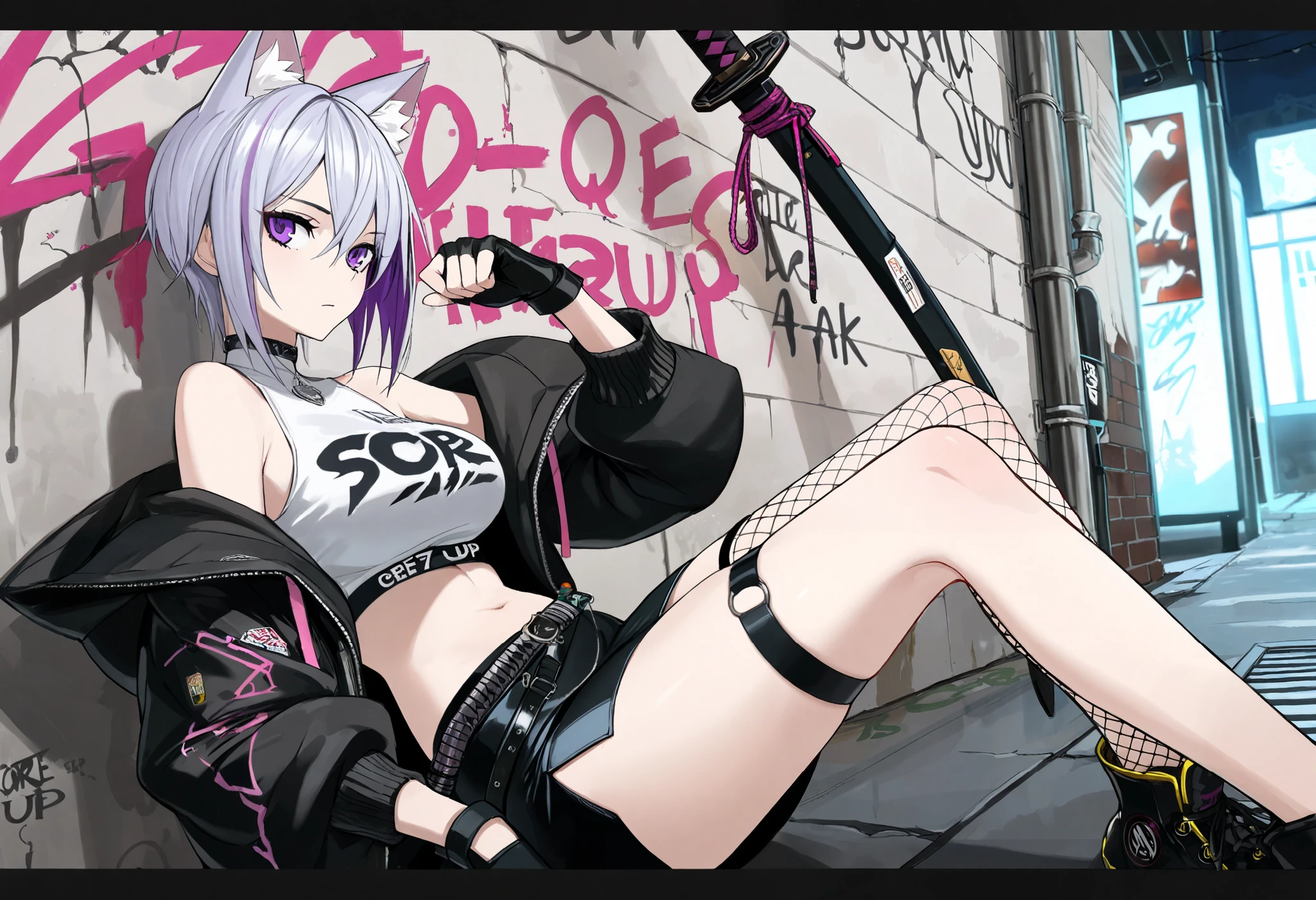 (best quality, highest quality:1.2), masterpiece, top quality, ultra high definition, rich contrasts, HD,8k, High Definition CG Unit Wallpaper, texture , Unbelievably Absurd, ultra high definition, RAW photos ,Deep border 1 .2, very detailed, from side,
weapon, sheathed katana:1.5, perfect katana, Sitting knees up, spread legs, night back alley, Leaning against a graffiti wall
(girl:1.3), 1girl, solo, (purple silver middle hair, cat ears, purple eye, White crop top, put on a off shoulder black open hoodie, black slit skirt, leather belt, fingerless gloves, thigh strap, single thighhigh, torn thighhigh, fishnet thighhigh, katana), cyber punk, dim body, curvy, no curves, narrow hips, Expressionless,