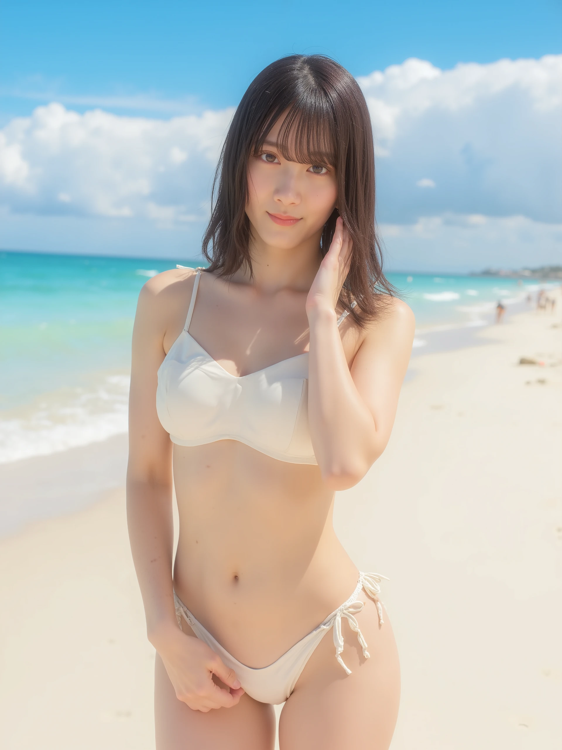  Japanese Actress High Resolution Photos, (Genuine,  photorealistic: 1.2), ( top quality, masterpiece),  RAW photos,  complicated details,  high definition , Extremely detailed,  sharp concentration, ( full body,  Front Shot: 1.4),  and stare at the camera, Alone, Alone girl,  Sensual Poses , (((ivory white collar sexy micro bikini))),  beautiful breasts , ( with bangs, Dark brown medium length hair), ( detailed face,  beautiful detailed eyes,  beautiful dark brown eyes ,  sophisticated nose), ( standing on the beach ,),  perfect anatomy,  perfect hand,  photo background,  Outdoors , sandy beach, Blue sky and clouds,
