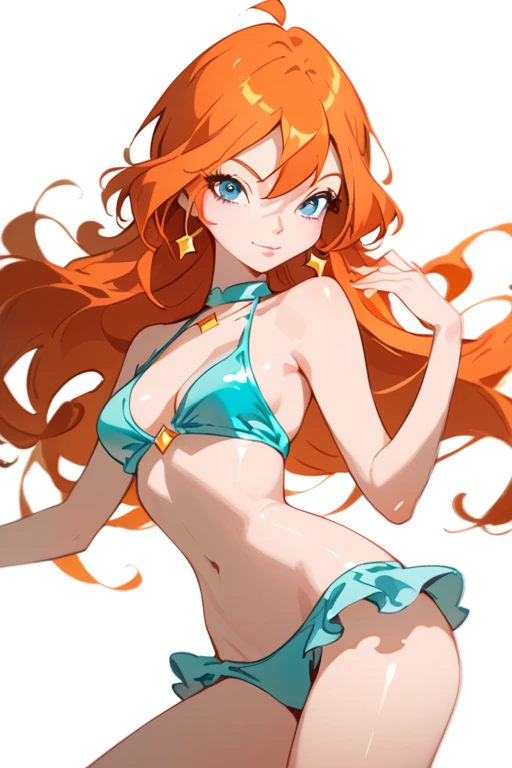 a 1girl、Bright、Orange hair、Star motif、multicoloured hair、Blue eyes、Sareme、Mask on the head、Sidelight、Particles of light、wallpapers、Big Boobs、Idol、bswimsuit、Loose fluffy、quiet、smiling smile
