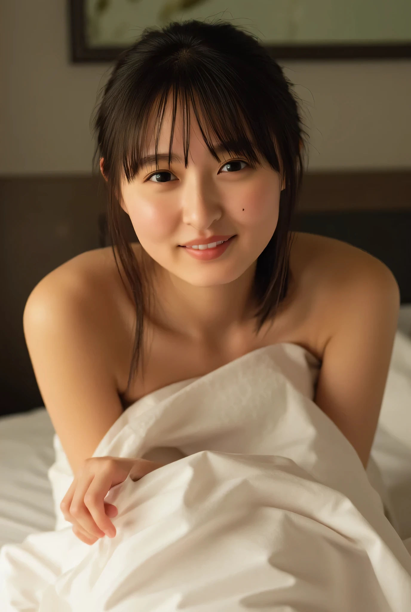 ((  best quality 、Masterpiece、、  best image quality 、  in ultra high quality 、  Award-winning work  )、(  completely naked、 nudes、naked :1.8)、(  Accurate Anatomy :1.1)、(bedroom:1.2)、(( lying in bed:1.8))、(Wrapped in sheets:1.5、smile:1.1)、smile:1.8、  in ultra high quality for bright and fair skin、The most detailed face、  in ultra high quality detailed face、  in ultra high quality の髪の毛、  in ultra high quality の煌めく瞳、  every detail is depicted 、(  blurry background:1.1)、  very bright and vivid 、 beautiful Japanese actress's face 、Dimly lit bedroom:1.1)、((whole body:1.6))、  beautiful breasts  、  tight butt 