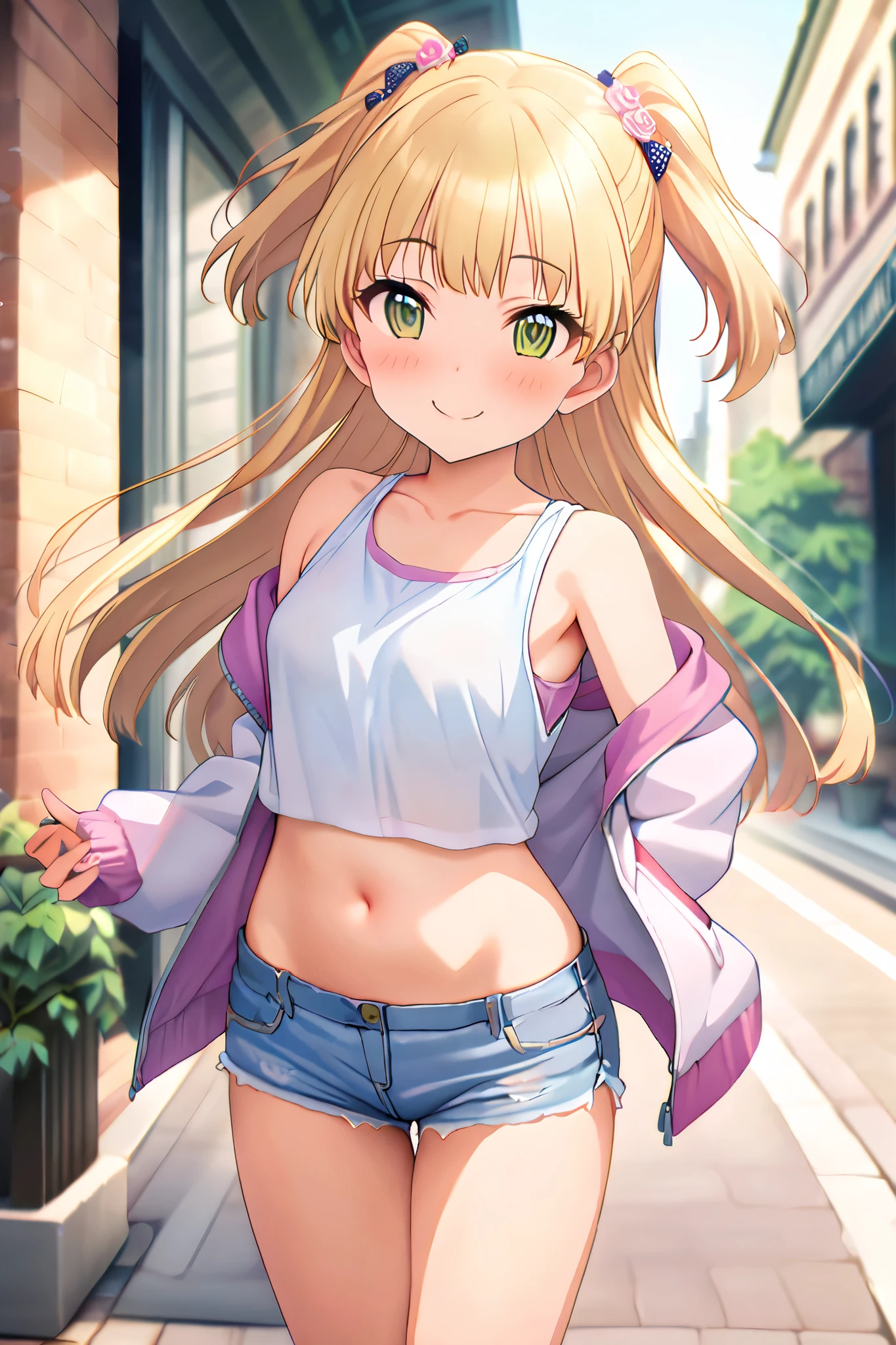NSFW,masterpiece, best quality, high resolution, very detailed,Rika Jogasaki、Petite、 long hair、 blonde hair、 two side up、bangs、 hair ornament、 green eyes、 small breasts, jacket , tank top, Crop Top , denim shorts that show your stomach just a little,Groin,pubic, Happy Smile ,blush, downtown