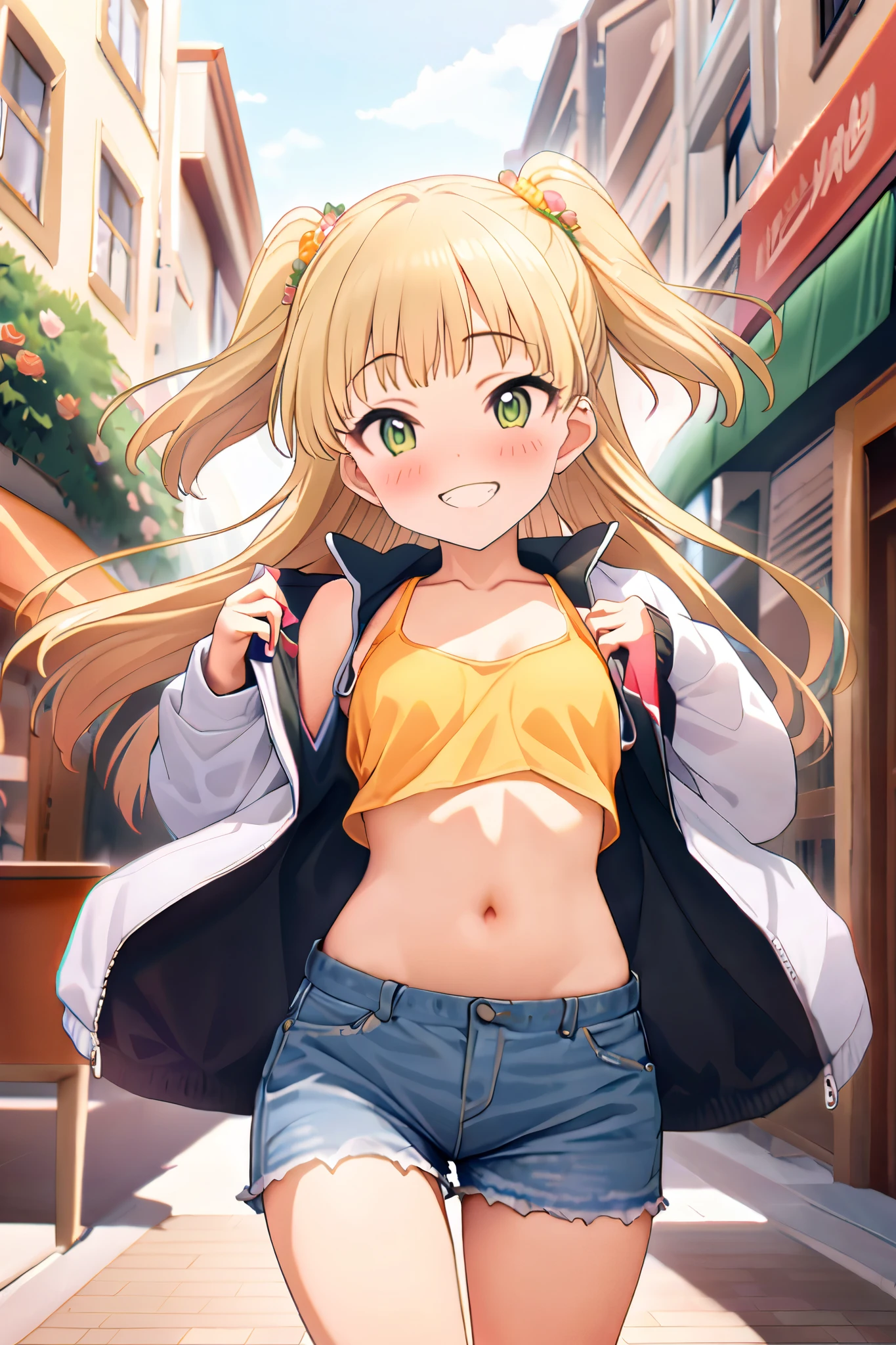 NSFW,masterpiece, best quality, high resolution, very detailed,Rika Jogasaki、Petite、 long hair、 blonde hair、 two side up、bangs、 hair ornament、 green eyes、 small breasts, jacket , tank top, Crop Top , denim shorts that show your stomach just a little,Groin,pubic, Happy Smile ,blush, downtown