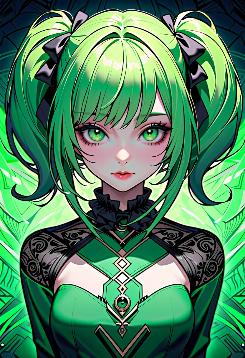 (masterpiece, highest quality, highest quality, official art, beautiful and aesthetic:1.2), (1 girl:1.3), dark green hair,eyes are yellow,(fractal art:1.3),