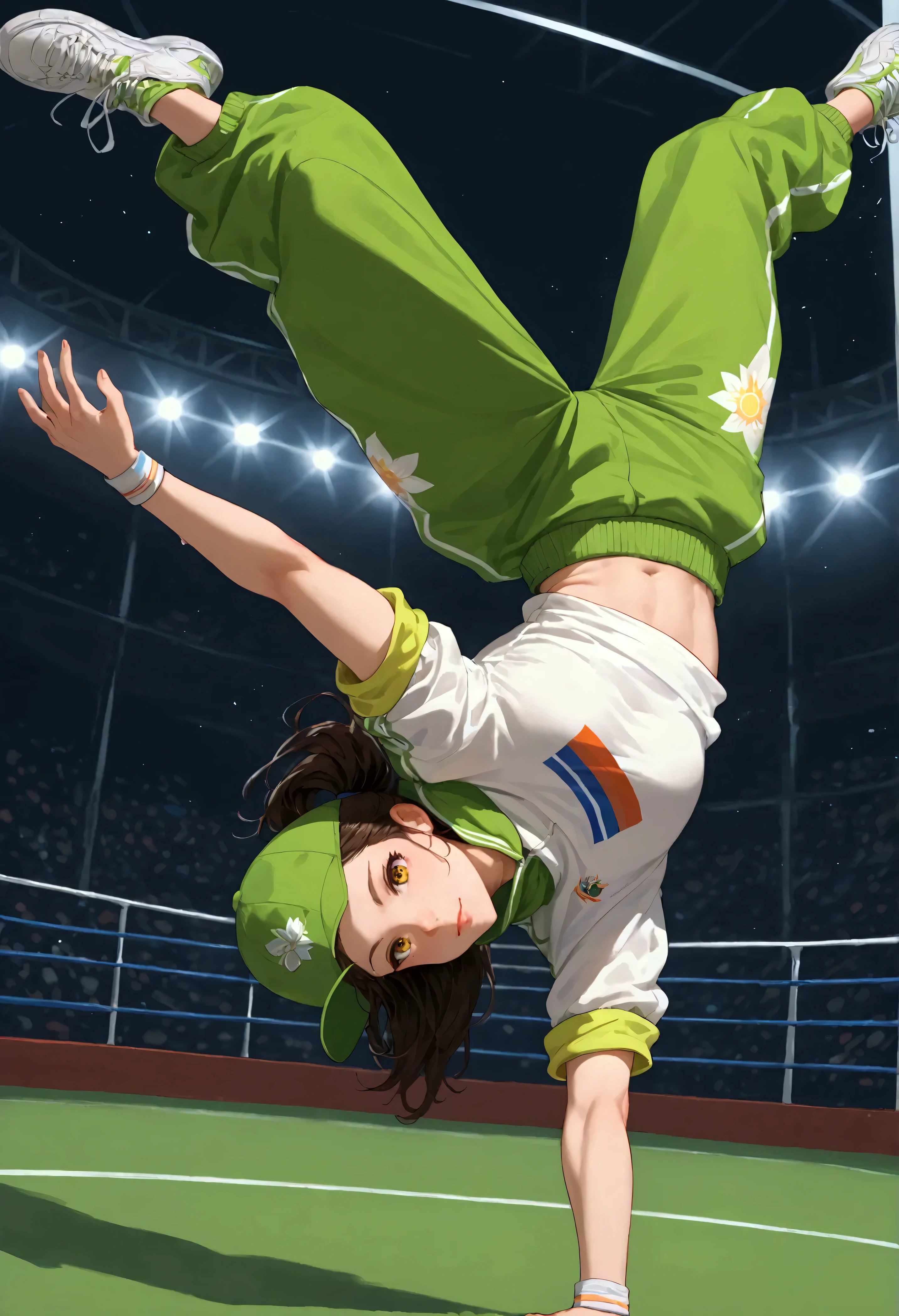 score_9, score_8_up, score_7_up, vibrant color, bdancepxl, doing a handstand, one-handed, breakdance pose, 1girl, pov, motion, white sneakers, green and yellow tracksuit, baggy pants, green cap, team Australia, olympics