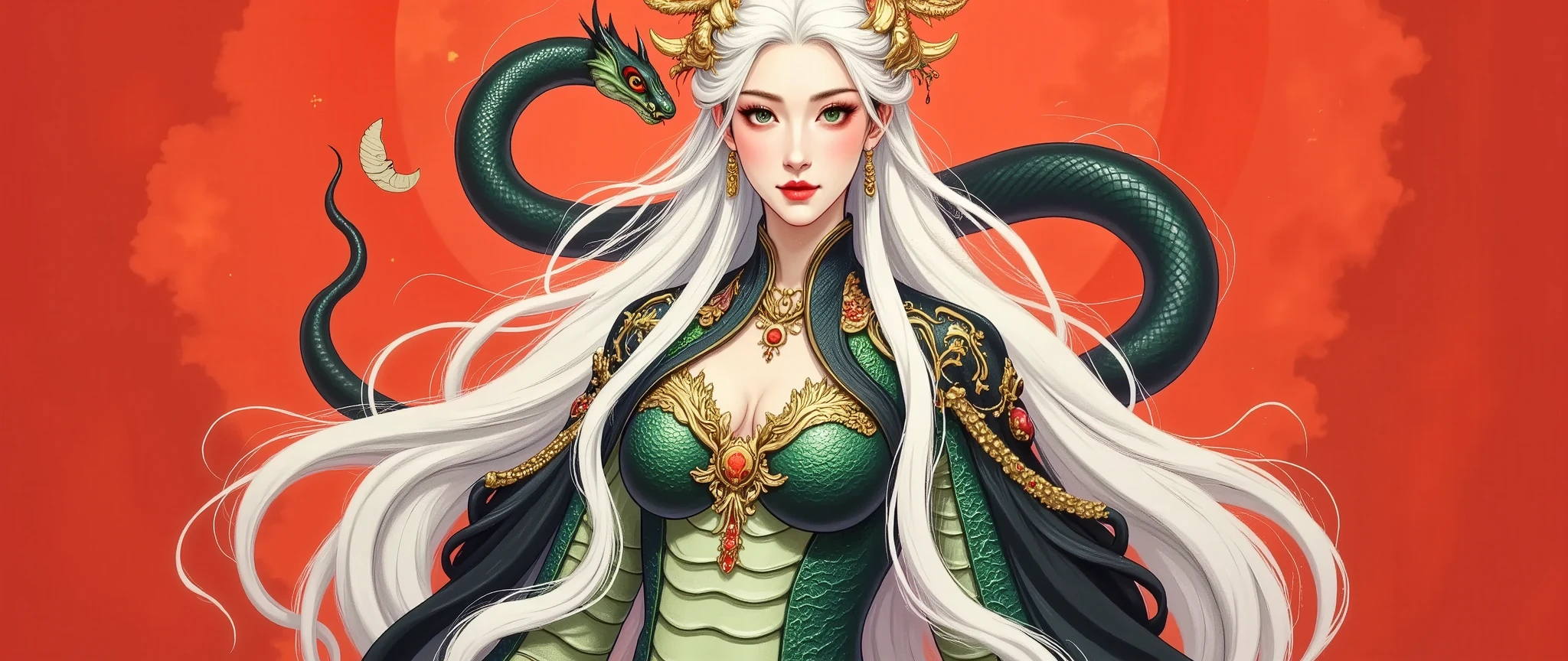 A beautiful painting : a Chinese woman in ornate snakeskin armor with bright eyes, red face , red lips,Snake Body, , long white hair , red background