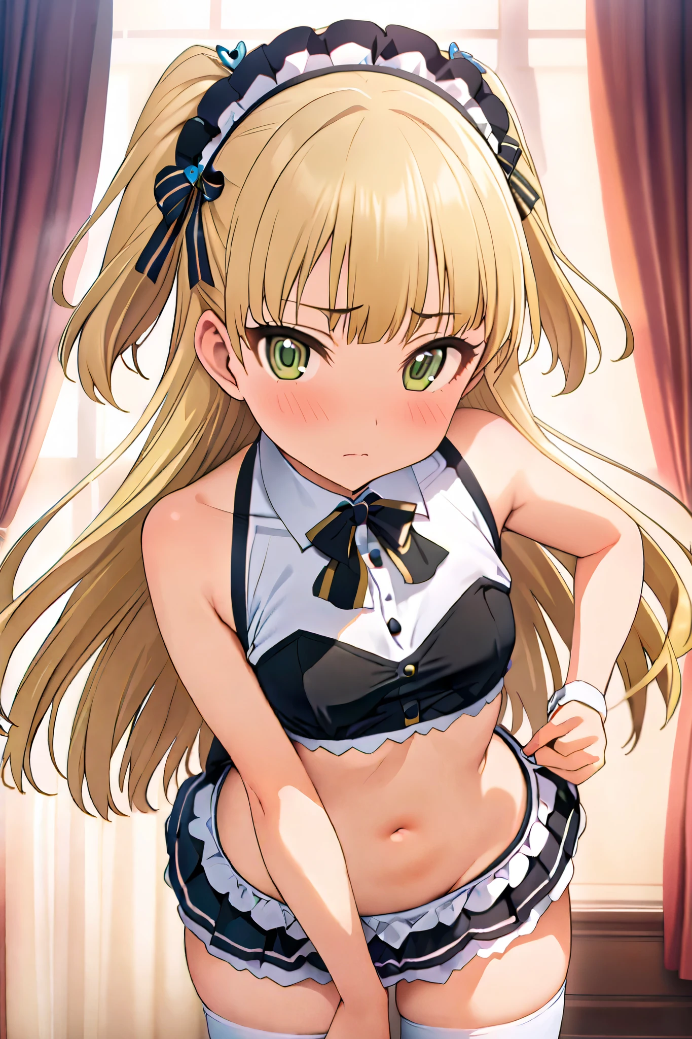 NSFW,masterpiece, best quality, high resolution, very detailed,Rika Jogasaki、Petite、 long hair、 blonde hair、 two side up、bangs、 hair ornament、 green eyes、 small breasts, maid clothes, Crop Top , off shoulder, micro mini skirt,Groin, panties