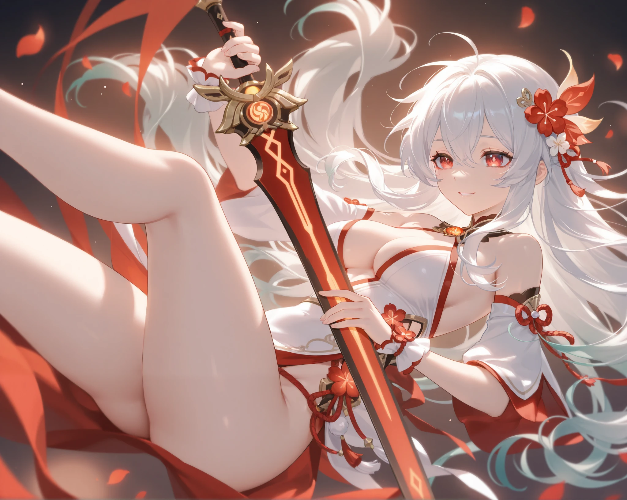 fantasy, 1devil_girl, low_teen, platina_blond_hair,long_bangs, bare_shoulder, navel out, thighhighs,silver_armor, red_wear,waist_armor, Glebe, hold_swords, large_tits, dynamic_floating_pose,Floating,(pelvic_curtain:1.3), silver_Headgear ,looking_down_at_sunrise_city_sky_background,,slightly_spread_legs,solo,horn ,smile,,open_legs,open_arms,rise_knee,rise_leg,rise_thigh,rise_leg,apart_legs,fang,Shiny_gold_eyes,crotch
