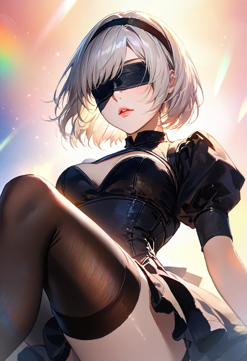 "A solo shot featuringn_2b
blindfold, black blindfold, a DJ, showcasing her skills on the turntables at a vibrant rave."