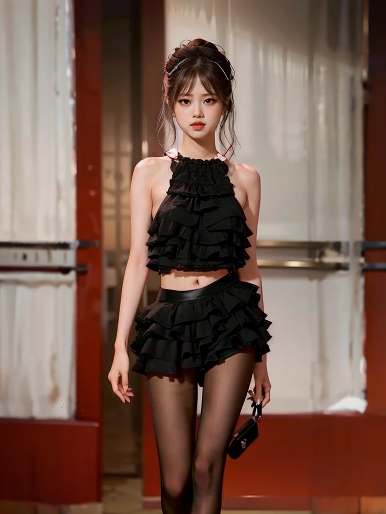 long sleeves, off shoulder
bra
navel
layered skirt
butterfly hair ornament, ((Cowboy shooting)), ((Bare shoulders)), ((Short skirt, Sexy long legs)), ((Dance poses, Random View)), Practical detailed photo of a giant breasted girl with exposed shoulders, Delicate fingers, High quality skin, Red Eyes, Alone in a winter scene with clouds, wind, and long flowing hair, (best quality,4K,8K,high resolution,masterpiece:1.2),Extremely detailed,(Practical,photoPractical,photo-Practical:1.37),Studio Lighting,Bright colors