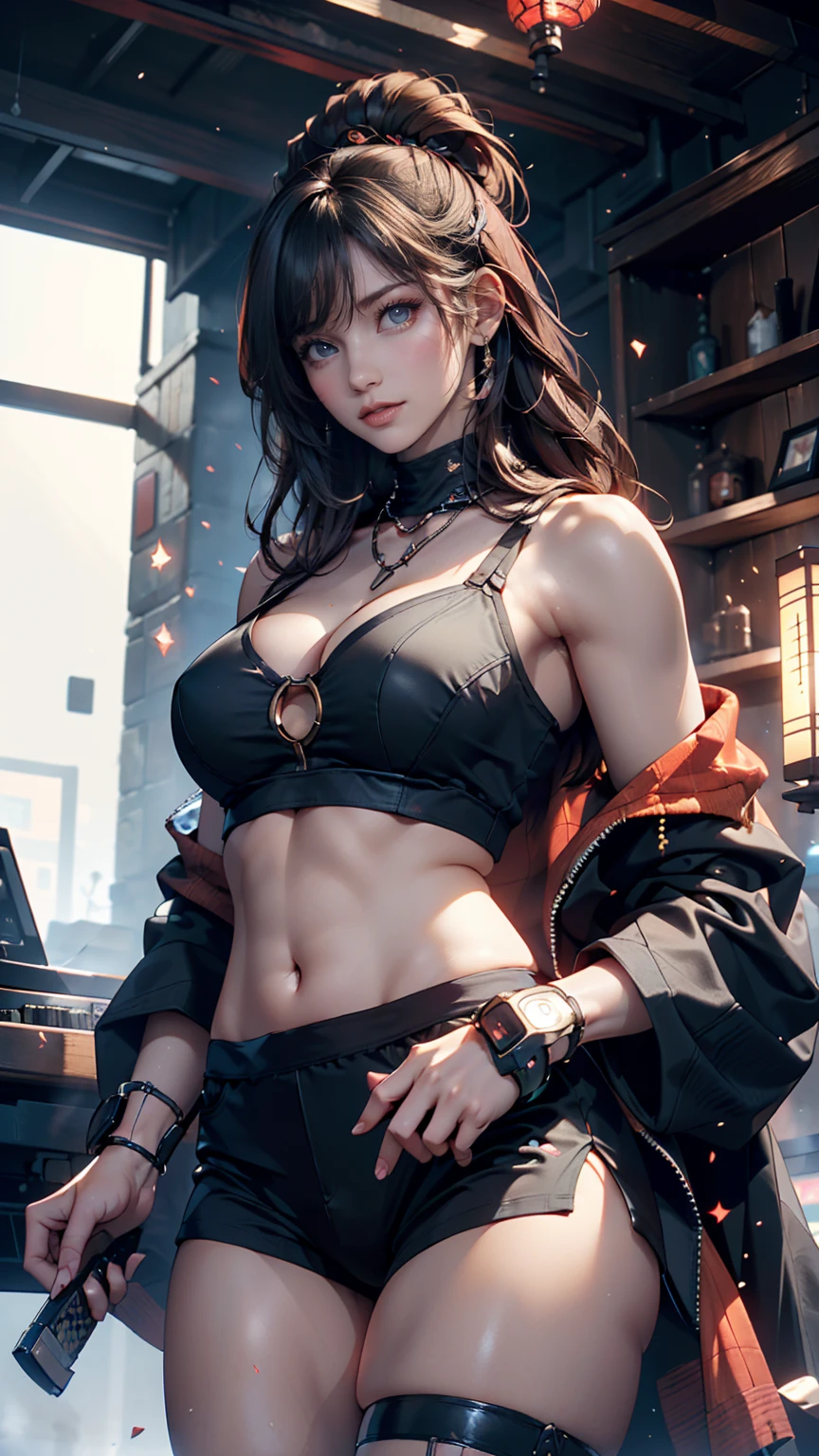 ((masterpiece, highest quality)),figure,Ultra-high definition 8K,Realistic,Sharp focus,Very detailed,Professional Lighting,Colorful details,Rainbow Light BREAK Extreme Long Shot of Factory,Construction of large mechanical robots,Microchip,computer,Shine,Intricate details,Shitmeka,A girl stands in front of an audience,belly button