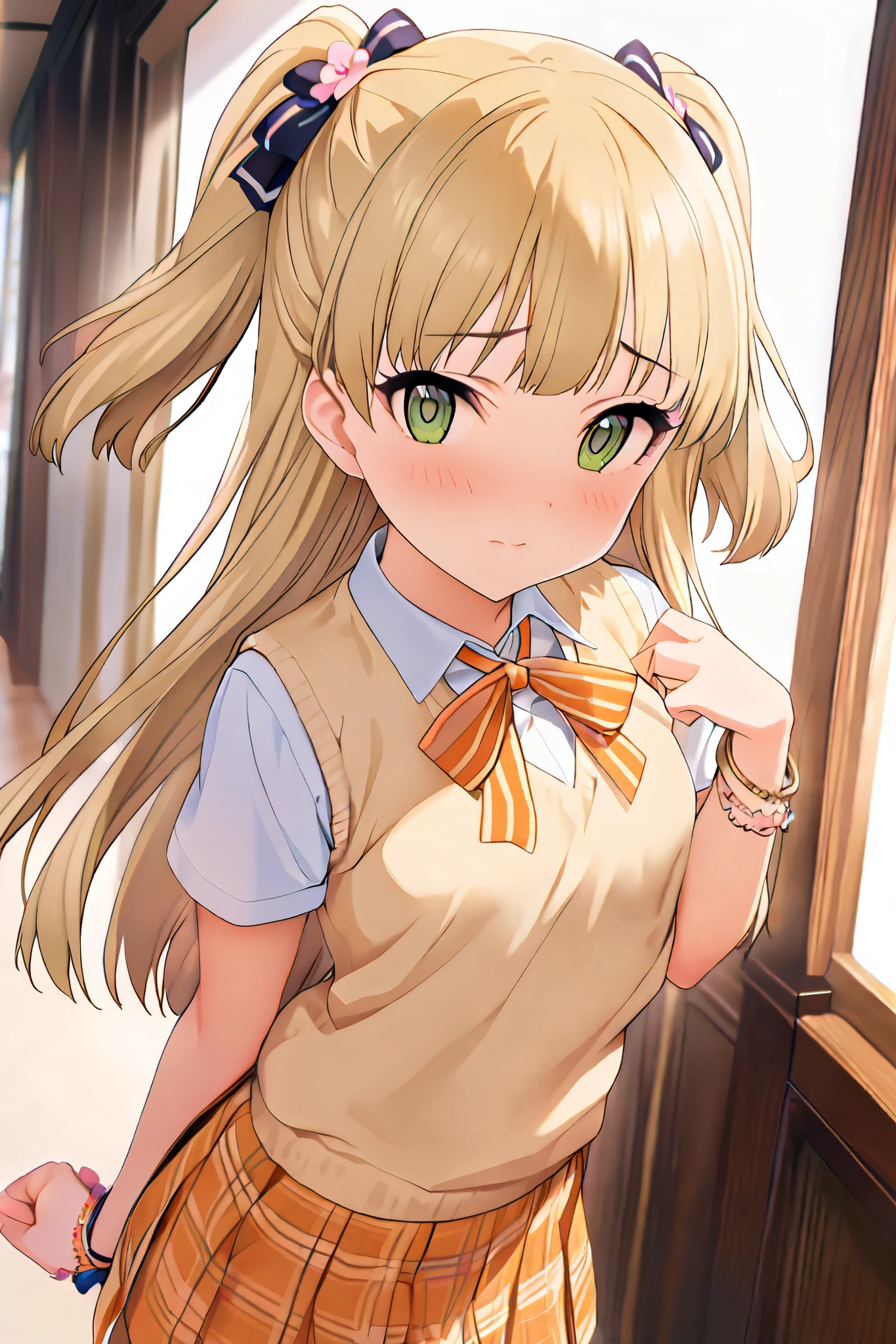 NSFW,masterpiece, best quality, high resolution, very detailed,Rika Jogasaki、Petite、 long hair、 blonde hair、 two side up、bangs、 hair ornament、 green eyes、 small breasts, hair tie 、uniform、clavicle、neck ribbon、 collar shirt、 sweater vest、Short sleeve、 bracelet、 plaid skirt、 Orange Skirt