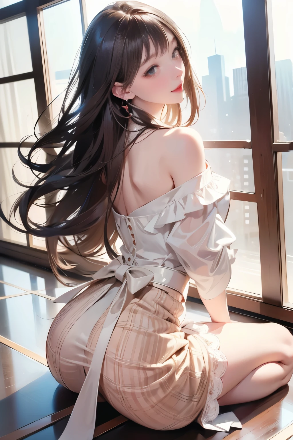 masterpiece, best quality, a sexy woman is standing next to a window wearing sleeveless sweater, 1girl, full body, solo, ass, jewelry, sexy underwear, thigh-highs, earrings, thong panties, looking at viewer, skirt, blurry, long hair, lips, looking back, skirt lift, 