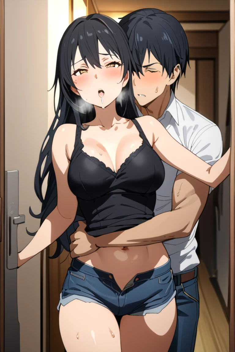 (8k、Best image quality、Highest quality、masterpiece)、Detailed face、One  girl、Black Hair、Bright Blue Eyes、Wicked Smile、((steam, sweat, Grin))、Small breasts、((White oversized long shirt)), Short sleeve、Bra straps、No off-the-shoulder underwear、Cowboy Shot、entrance、Open the door、(A half-naked, muscular, big black man hugging her from behind:1.5)、from the front、Facing forward:1.5