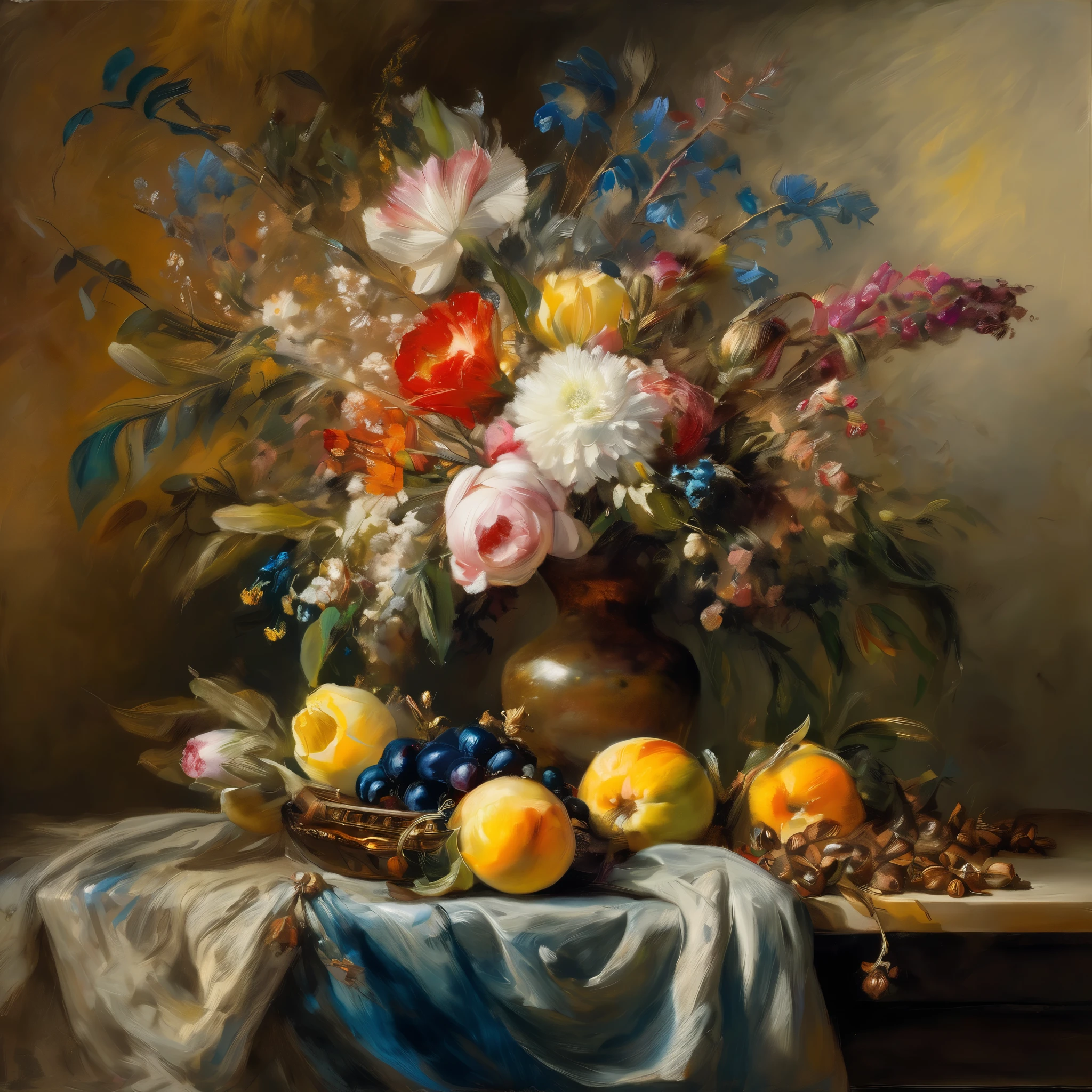 Ultra-detailed, of the highest quality, Romantic, epic, theatrical brushwork, illustration in oil, still life with bouquet in a vase, cloth, walnut, Delacroix, Turner, inspired by the masterpiece