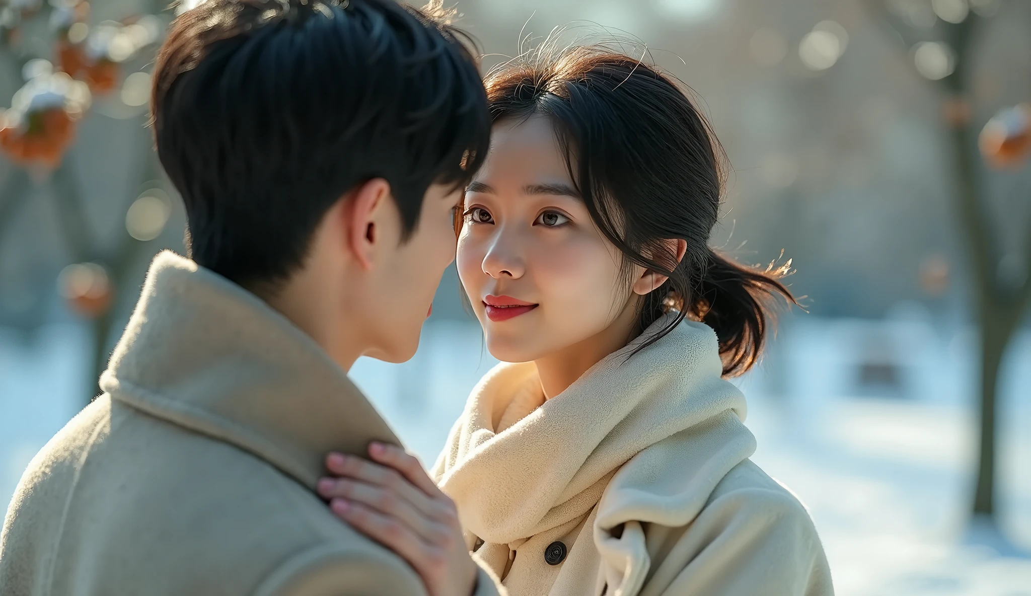 Romantic K-Drama photography style, korean,best quality,8K,high resolution,Very detailed,very clearly,Snowy Days,Commercial Street,(Many fashionable boys and girls are shopping),(Warm and lively atmosphere), Delicate texture,Smooth visible velvet,Wear pearl jewelry,High-end decoration,The male and female protagonists hugs,People around cheered and applauded